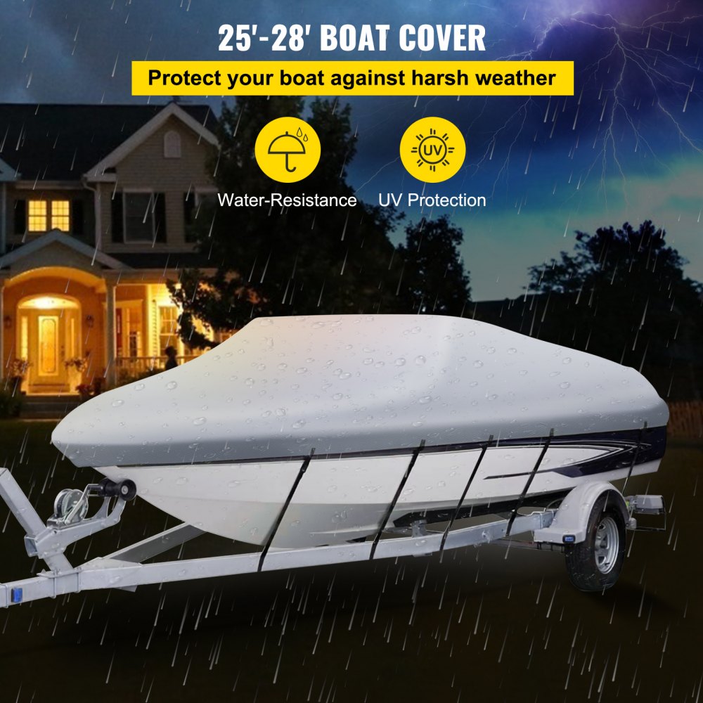 VEVOR Waterproof Boat Cover, 25'-28' Trailerable Boat Cover, Beam Width up to 118" v Hull Cover Heavy Duty 210D Marine Grade Polyester Mooring Cover for Fits V-Hull Boat with 5 Tightening Straps 
