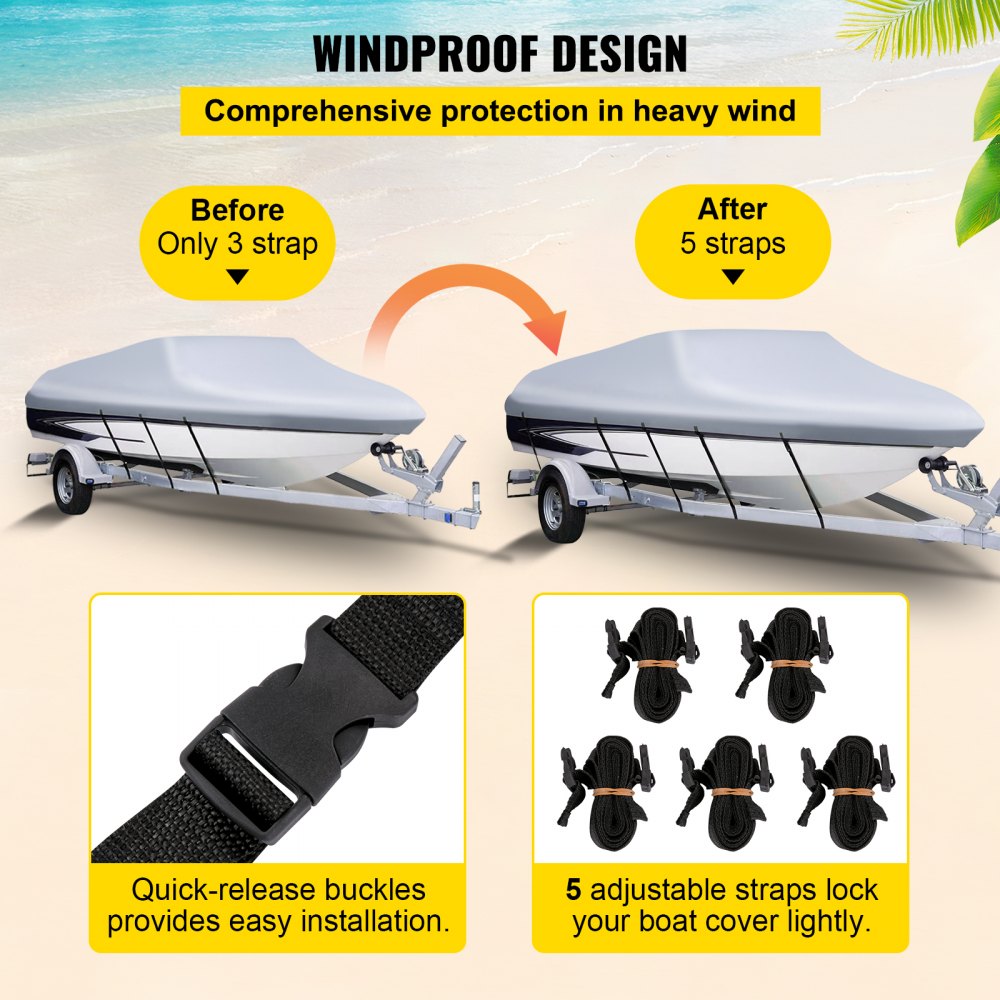 VEVOR Waterproof Boat Cover, 25'-28' Trailerable Boat Cover, Beam Width up to 118" v Hull Cover Heavy Duty 210D Marine Grade Polyester Mooring Cover for Fits V-Hull Boat with 5 Tightening Straps 