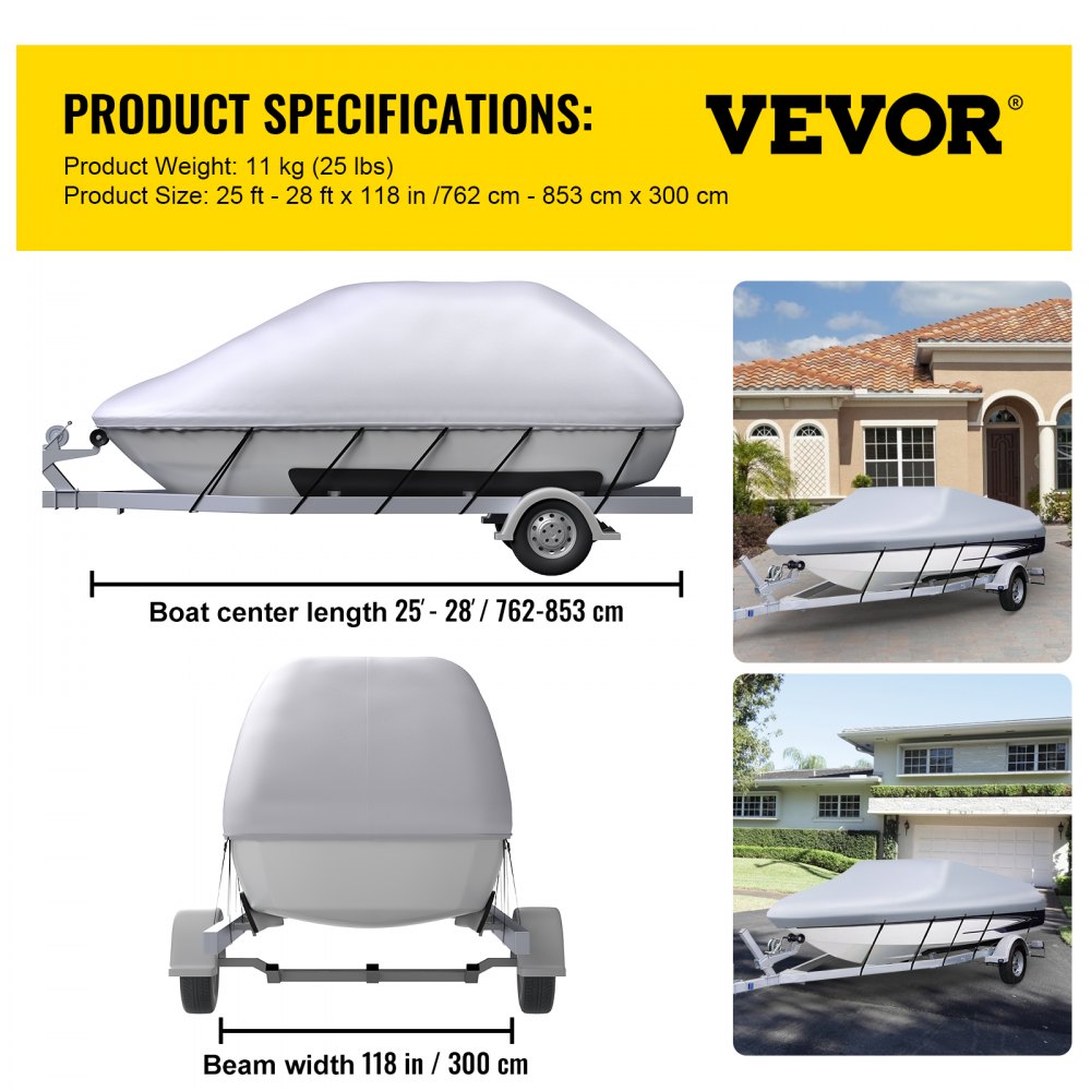 VEVOR Waterproof Boat Cover, 25'-28' Trailerable Boat Cover, Beam Width up to 118" v Hull Cover Heavy Duty 210D Marine Grade Polyester Mooring Cover for Fits V-Hull Boat with 5 Tightening Straps 
