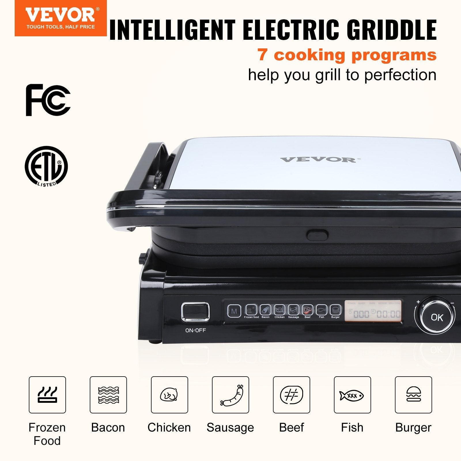 VEVOR 7 IN 1 Commercial Electric Griddle, 14.4" 1800W Indoor Countertop Grill, Stainless Steel Restaurant Teppanyaki Grill with Non Stick Iron Cooking Plate, 0-446? Adjustable Temp Control 110V 