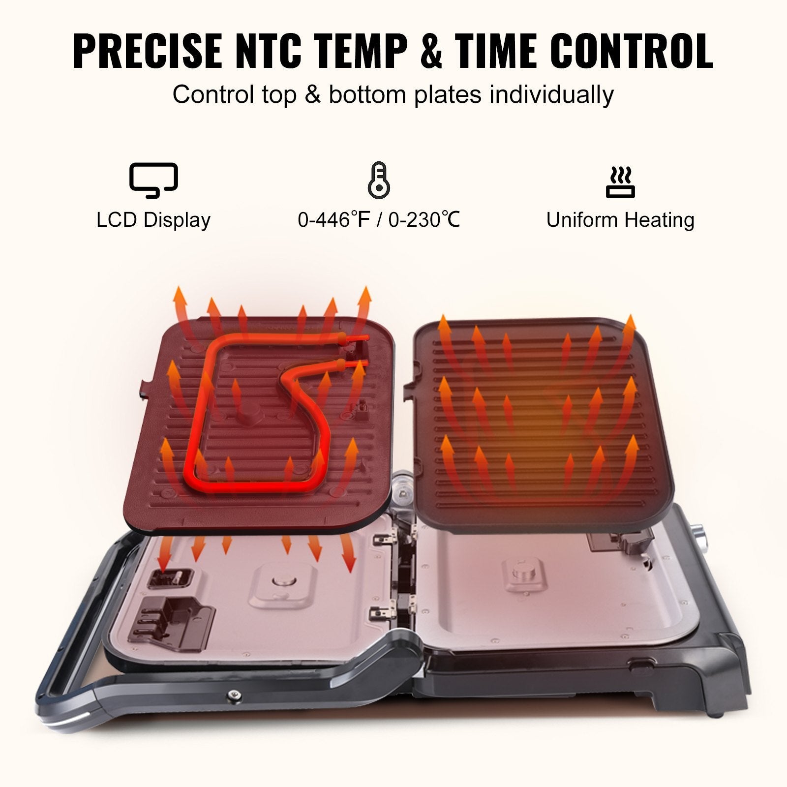 VEVOR 7 IN 1 Commercial Electric Griddle, 14.4" 1800W Indoor Countertop Grill, Stainless Steel Restaurant Teppanyaki Grill with Non Stick Iron Cooking Plate, 0-446? Adjustable Temp Control 110V 