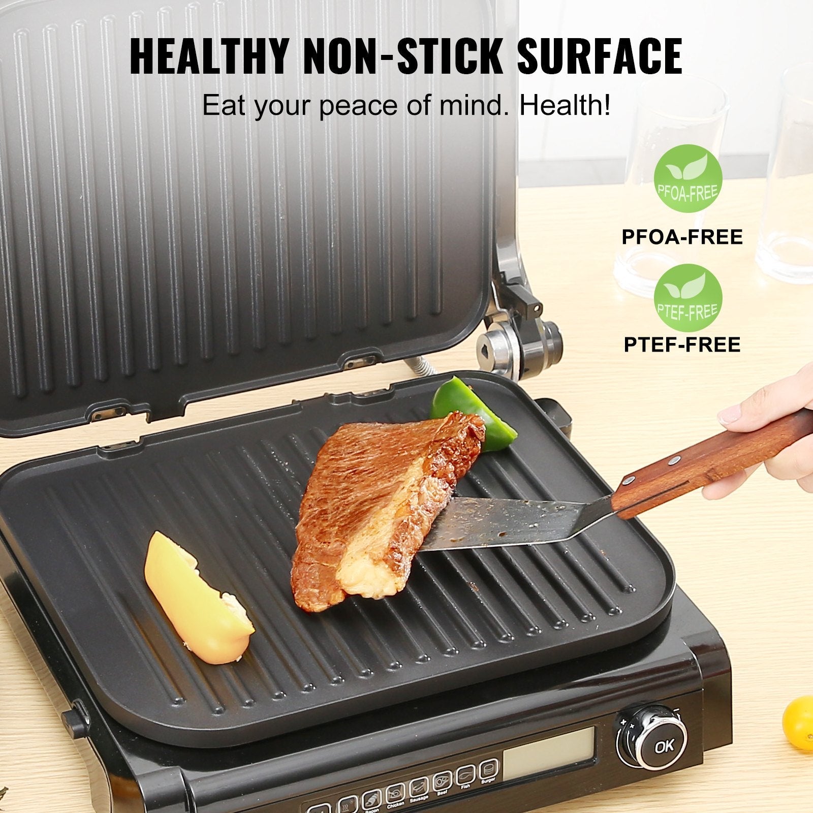 VEVOR 7 IN 1 Commercial Electric Griddle, 14.4" 1800W Indoor Countertop Grill, Stainless Steel Restaurant Teppanyaki Grill with Non Stick Iron Cooking Plate, 0-446? Adjustable Temp Control 110V 