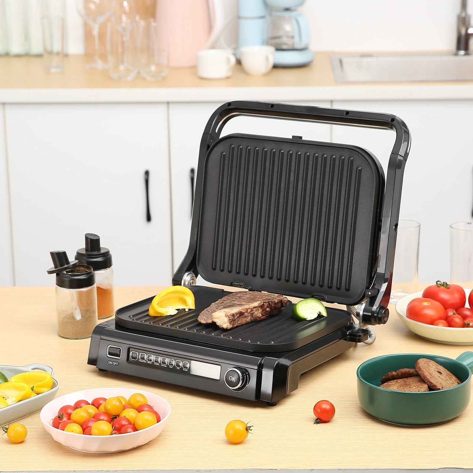 VEVOR 7 IN 1 Commercial Electric Griddle, 14.4" 1800W Indoor Countertop Grill, Stainless Steel Restaurant Teppanyaki Grill with Non Stick Iron Cooking Plate, 0-446? Adjustable Temp Control 110V 