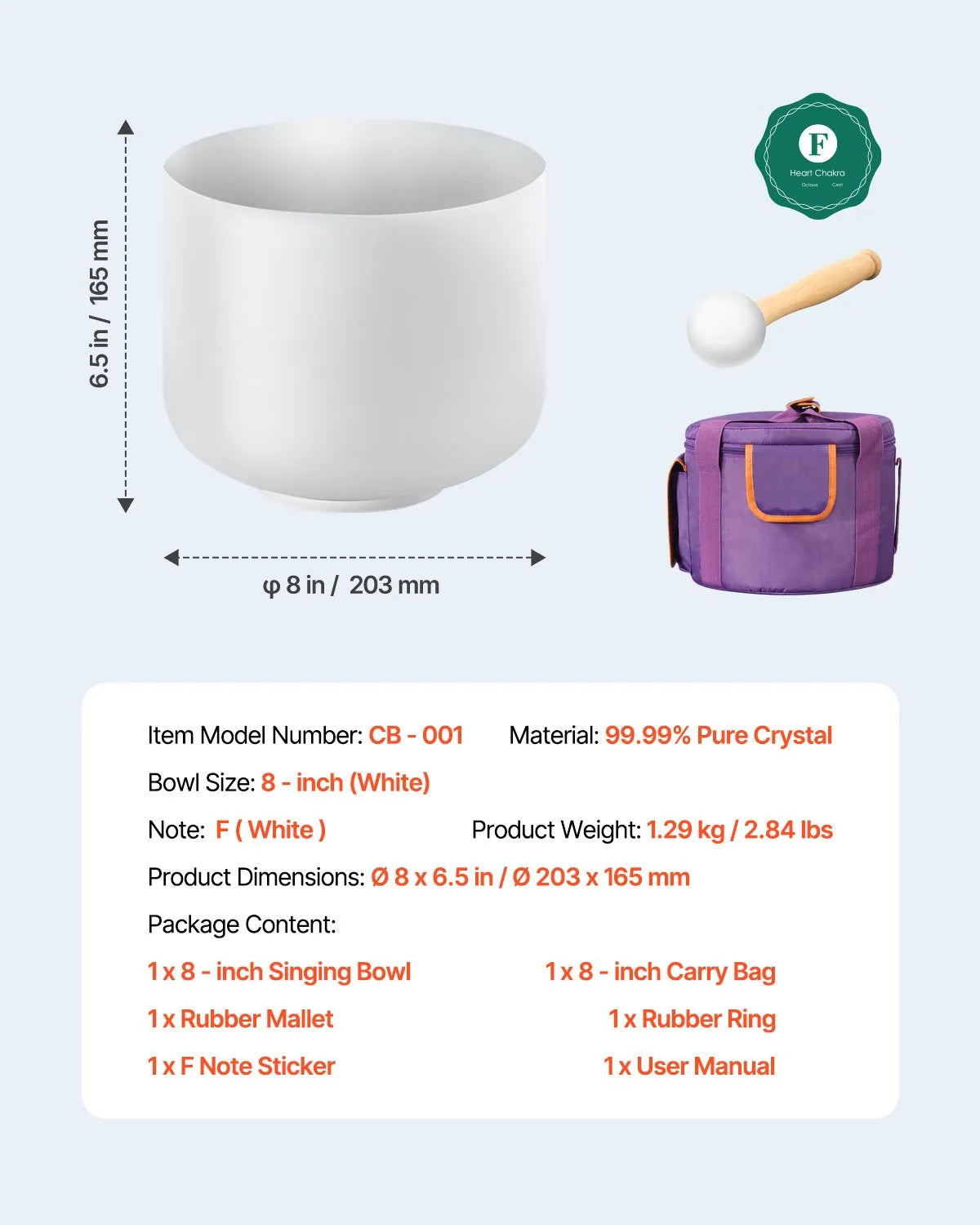 VEVOR Crystal Singing Bowl 8" F Note Heart Chakra Singing Bowl with Carry Bag