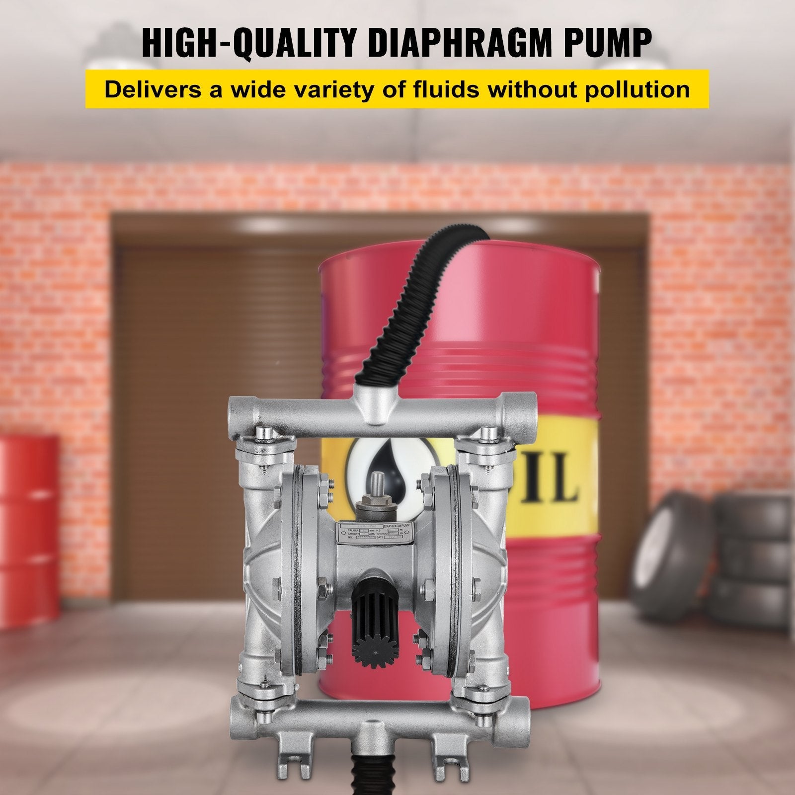 VEVOR Air-Operated Double Diaphragm Pump, 12 GPM, Max 115 PSI With 1/2" Inlet And Outlet, NPT1/4 inch Air Inlet, Corrosion-Proof Stainless Steel Dual Diaphragm Air Pump for Chemical Industrial Use 