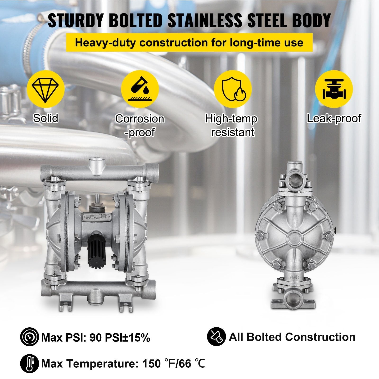 VEVOR Air-Operated Double Diaphragm Pump, 12 GPM, Max 115 PSI With 1/2" Inlet And Outlet, NPT1/4 inch Air Inlet, Corrosion-Proof Stainless Steel Dual Diaphragm Air Pump for Chemical Industrial Use 