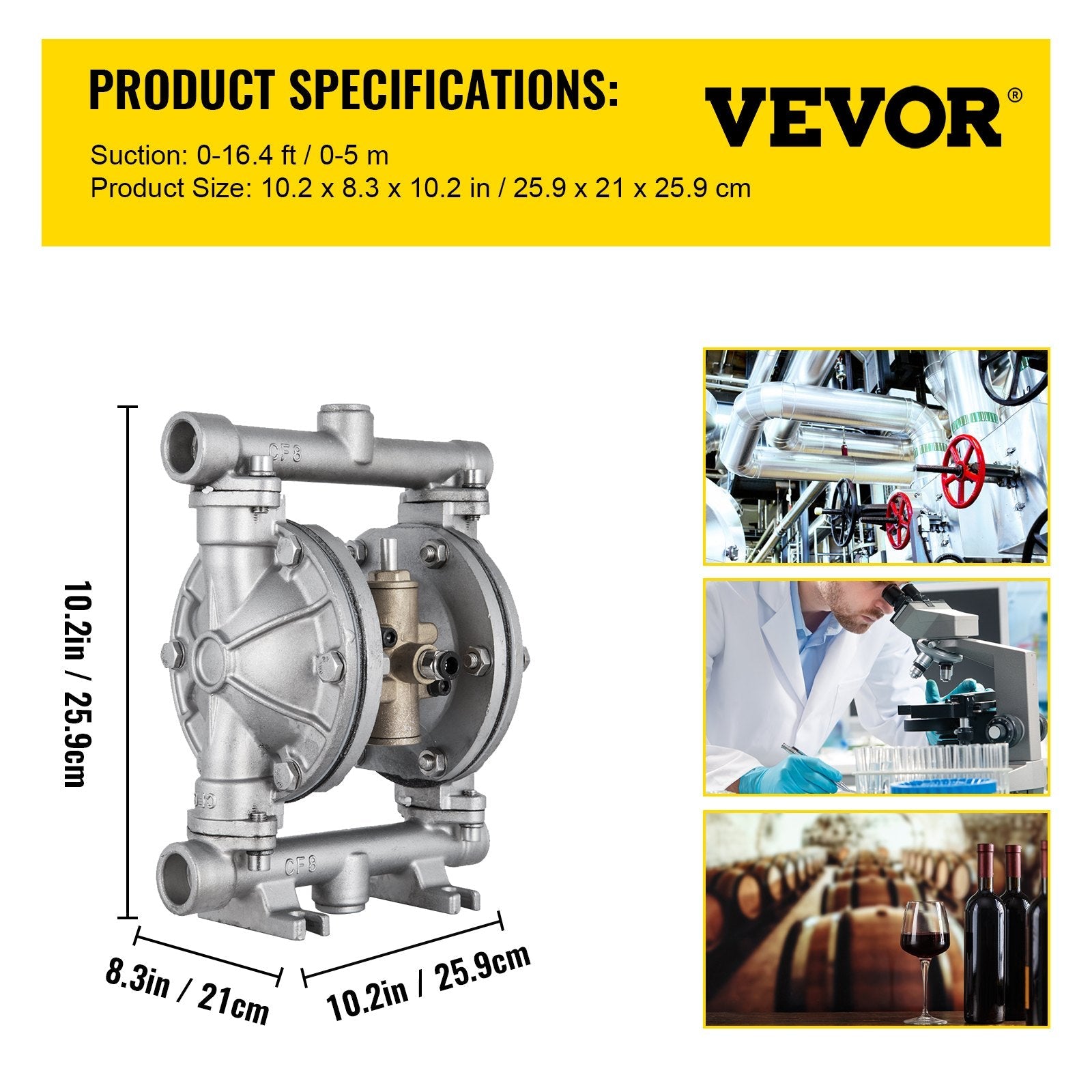 VEVOR Air-Operated Double Diaphragm Pump, 12 GPM, Max 115 PSI With 1/2" Inlet And Outlet, NPT1/4 inch Air Inlet, Corrosion-Proof Stainless Steel Dual Diaphragm Air Pump for Chemical Industrial Use 