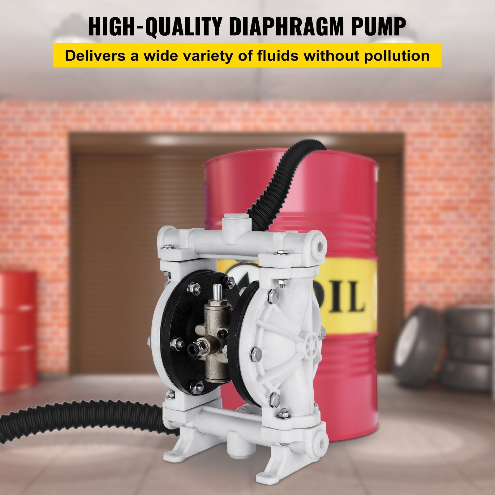 VEVOR Air-Operated Double Diaphragm Pump 1/2 Inch Inlet Outlet Polypropylene 13 GPM Max 100PSI,Nitrile Corrosion-Proof Diaphragm Air Pump for Chemical Industrial Use,QBY-15PP 