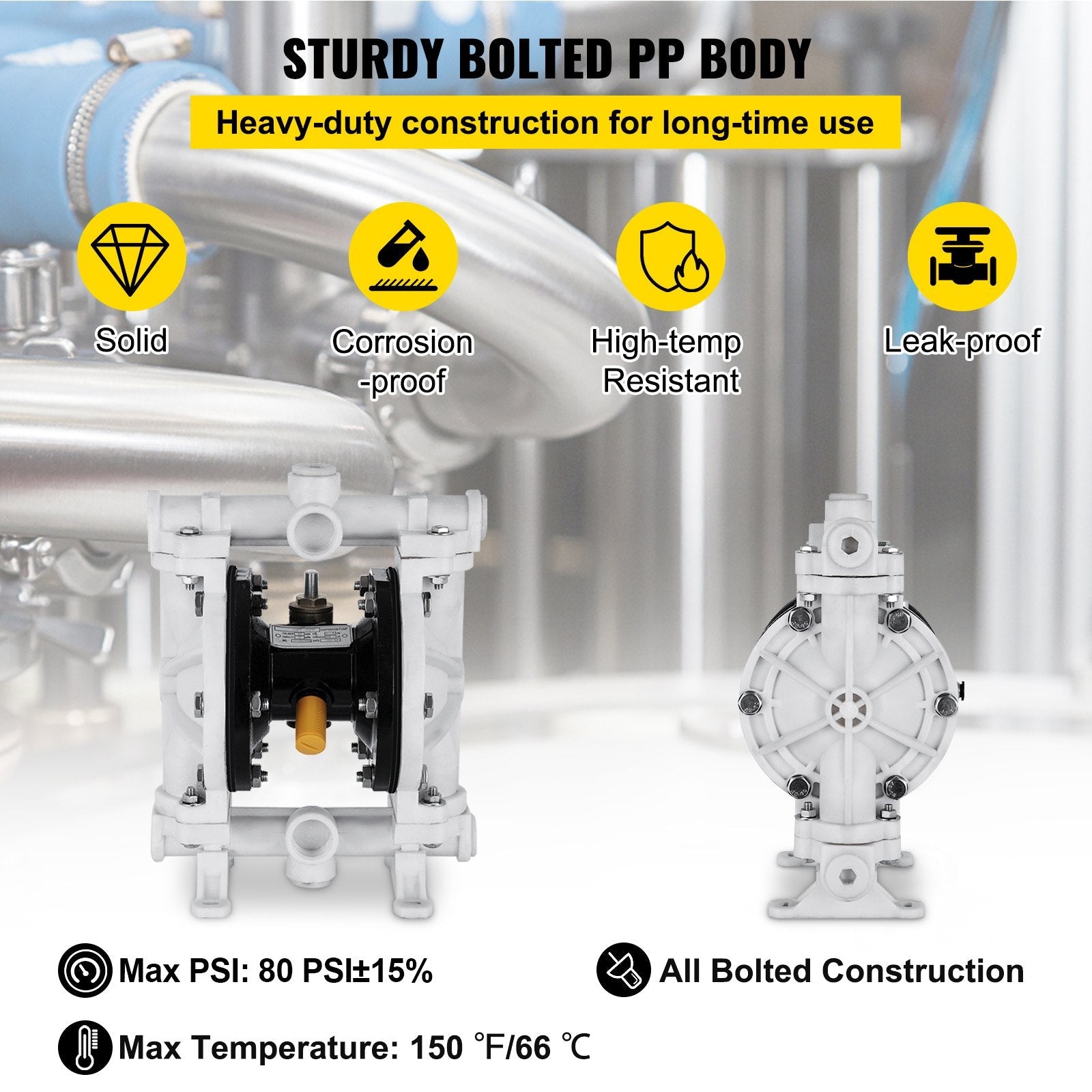VEVOR Air-Operated Double Diaphragm Pump 1/2 Inch Inlet Outlet Polypropylene 13 GPM Max 100PSI,Nitrile Corrosion-Proof Diaphragm Air Pump for Chemical Industrial Use,QBY-15PP 