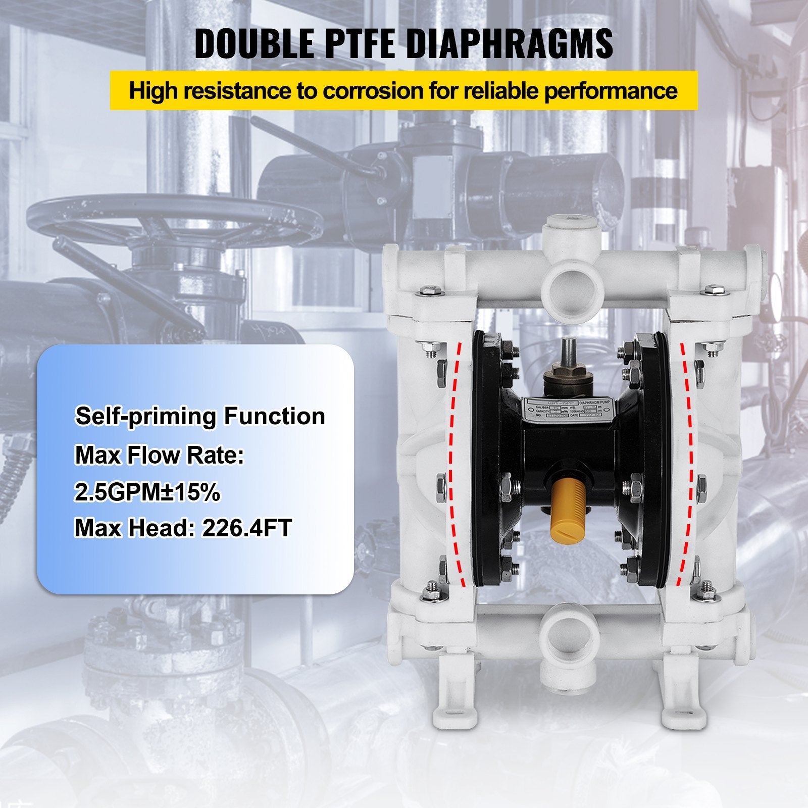 VEVOR Air-Operated Double Diaphragm Pump 1/2 Inch Inlet Outlet Polypropylene 13 GPM Max 100PSI,Nitrile Corrosion-Proof Diaphragm Air Pump for Chemical Industrial Use,QBY-15PP 