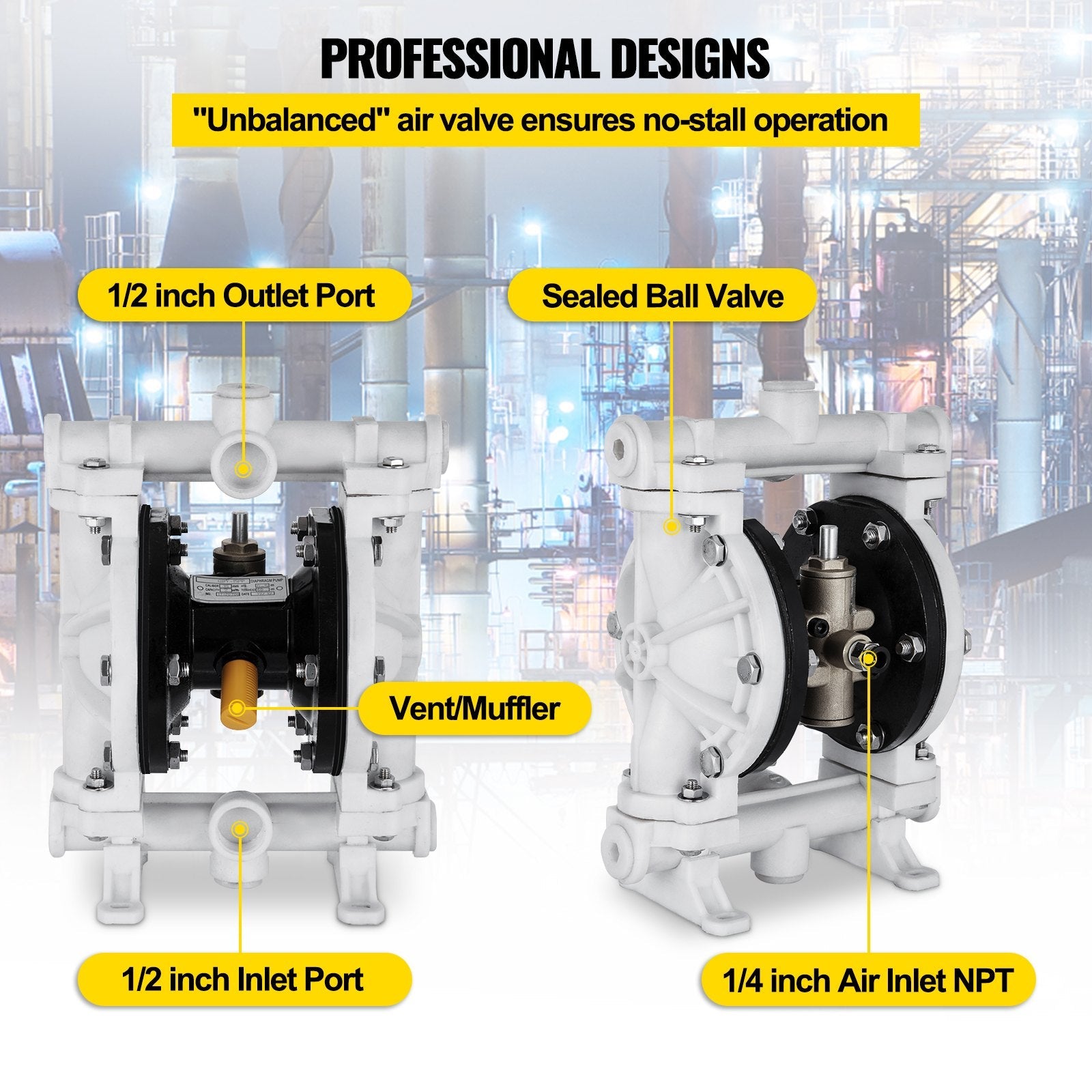 VEVOR Air-Operated Double Diaphragm Pump 1/2 Inch Inlet Outlet Polypropylene 13 GPM Max 100PSI,Nitrile Corrosion-Proof Diaphragm Air Pump for Chemical Industrial Use,QBY-15PP 