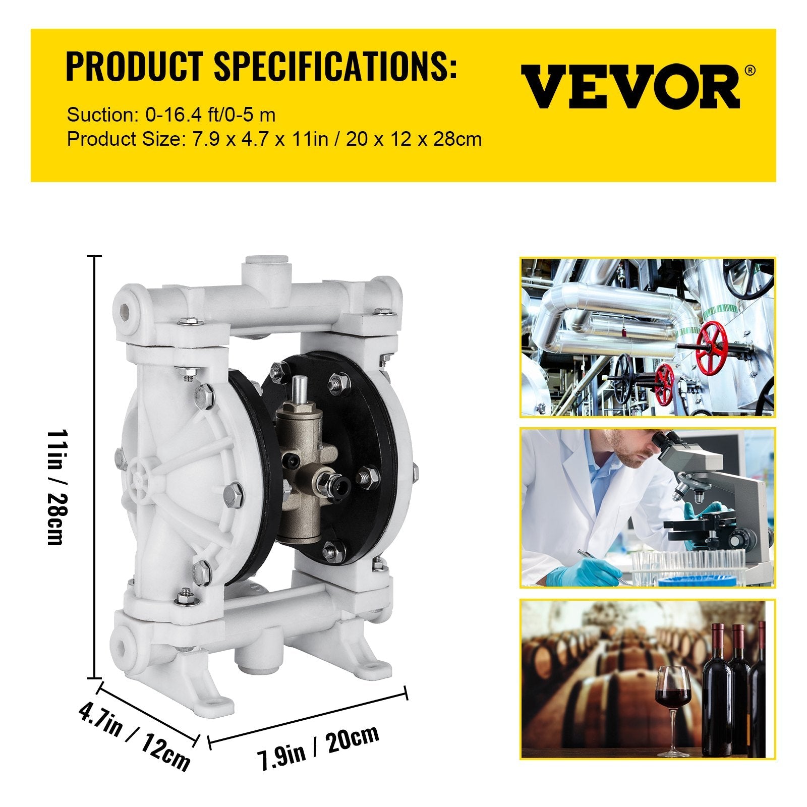 VEVOR Air-Operated Double Diaphragm Pump 1/2 Inch Inlet Outlet Polypropylene 13 GPM Max 100PSI,Nitrile Corrosion-Proof Diaphragm Air Pump for Chemical Industrial Use,QBY-15PP 