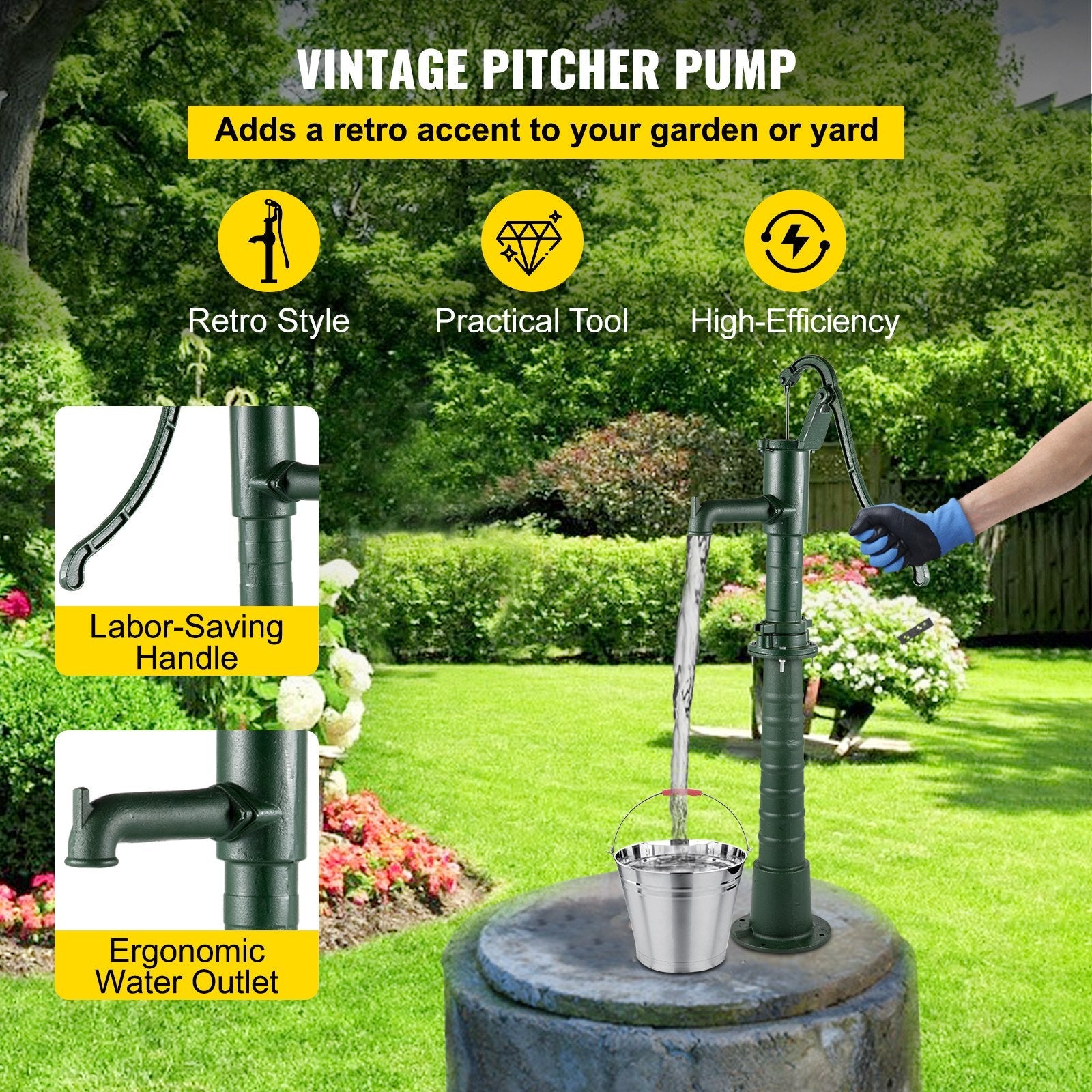 VEVOR Hand Water Pump w/ Stand, 15.7 x 9.4 x 51.6 inch Pitcher Pump& 26 inch Pump Stand w/ Pre-set 1/2" Holes for Easy Installation, Rustic Cast Iron Well Pump for Yard, Garden, Farm Irrigation, Green 