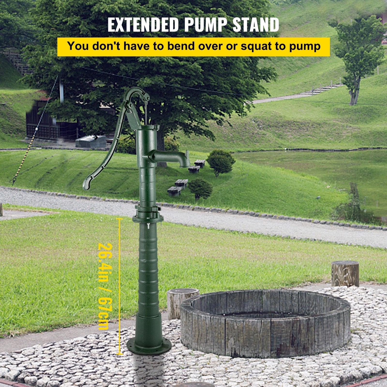 VEVOR Hand Water Pump w/ Stand, 15.7 x 9.4 x 51.6 inch Pitcher Pump& 26 inch Pump Stand w/ Pre-set 1/2" Holes for Easy Installation, Rustic Cast Iron Well Pump for Yard, Garden, Farm Irrigation, Green 
