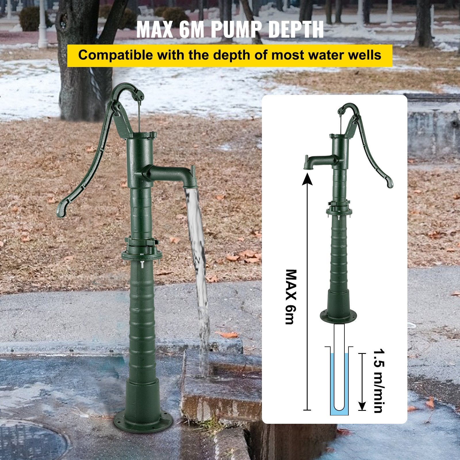 VEVOR Hand Water Pump w/ Stand, 15.7 x 9.4 x 51.6 inch Pitcher Pump& 26 inch Pump Stand w/ Pre-set 1/2" Holes for Easy Installation, Rustic Cast Iron Well Pump for Yard, Garden, Farm Irrigation, Green 