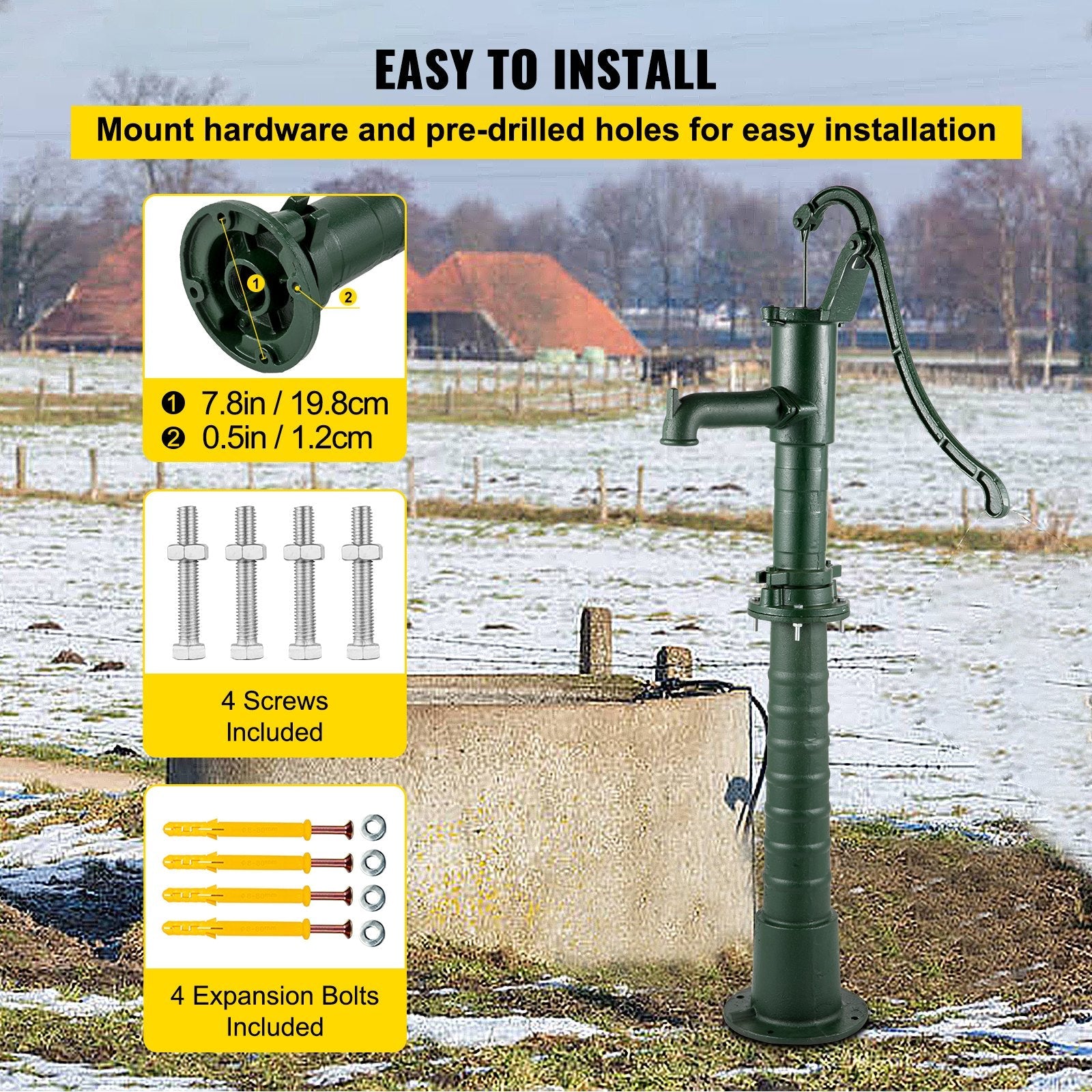 VEVOR Hand Water Pump w/ Stand, 15.7 x 9.4 x 51.6 inch Pitcher Pump& 26 inch Pump Stand w/ Pre-set 1/2" Holes for Easy Installation, Rustic Cast Iron Well Pump for Yard, Garden, Farm Irrigation, Green 