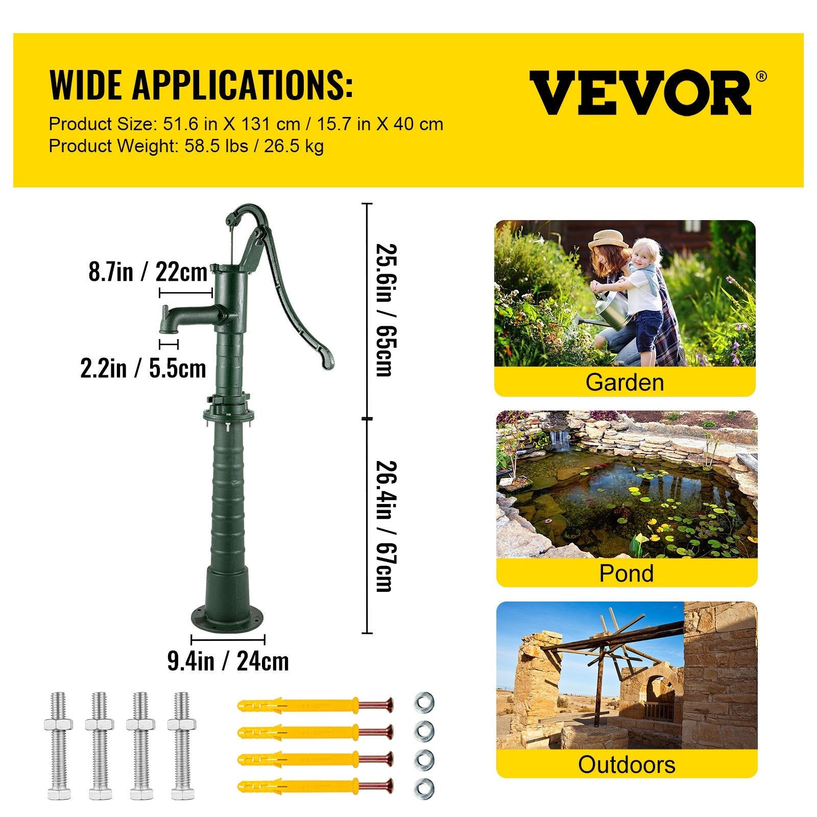 VEVOR Hand Water Pump w/ Stand, 15.7 x 9.4 x 51.6 inch Pitcher Pump& 26 inch Pump Stand w/ Pre-set 1/2" Holes for Easy Installation, Rustic Cast Iron Well Pump for Yard, Garden, Farm Irrigation, Green 