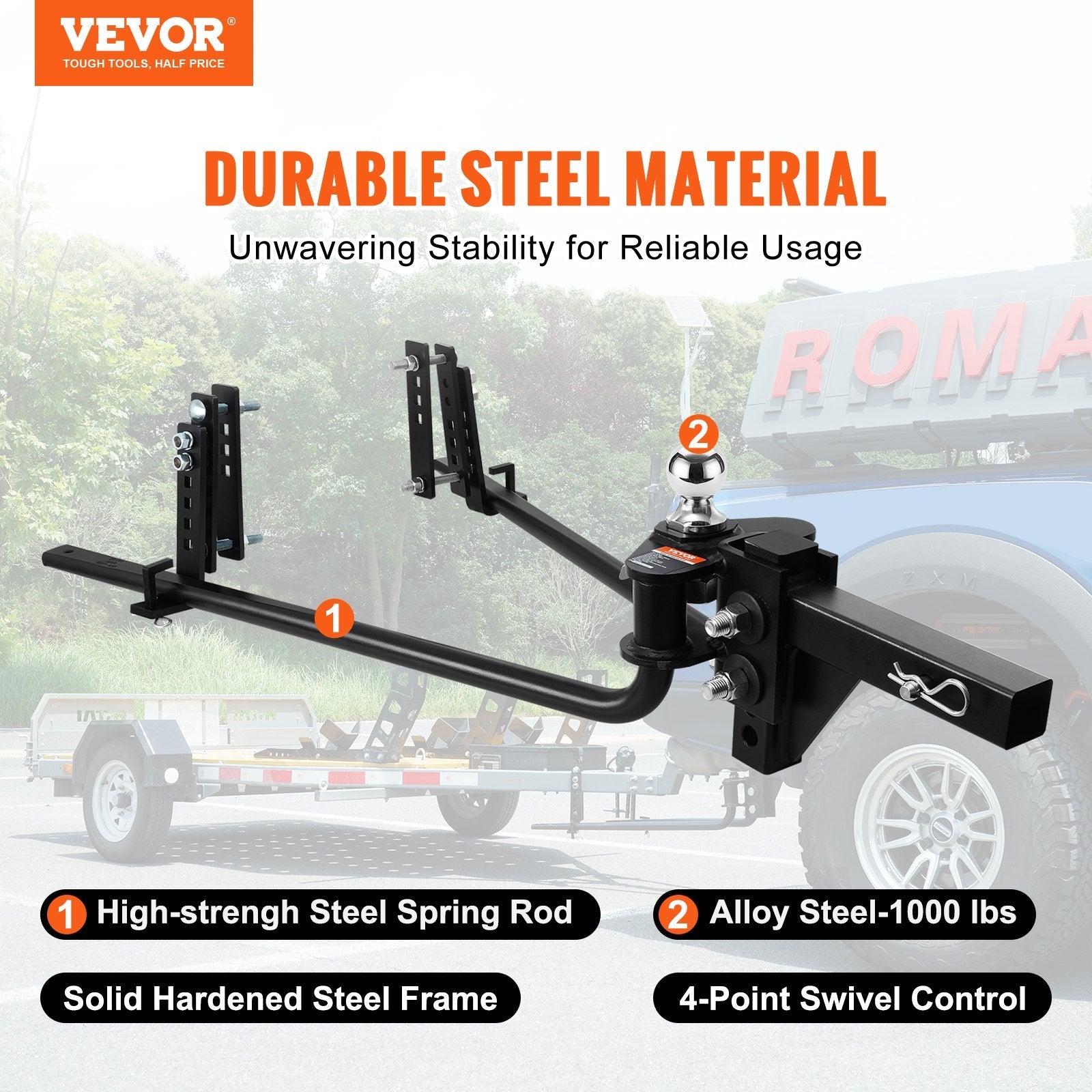 VEVOR Weight Distribution Hitch, 1,000 lbs Weight Distributing Hitches Kit with Sway Control for Trailer, 2-In Solid Steel Shank, 2-5/16 in Alloy Steel Ball, Powder Coated Load Leveling Hitch, Black 