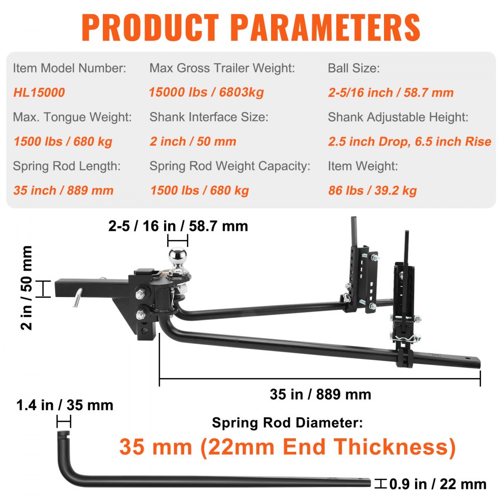VEVOR Weight Distribution Hitch, 1,500 lbs Weight Distributing Hitches Kit with Sway Control for Trailer, 2-In Solid Steel Shank, 2-5/16 in Alloy Steel Ball, Powder Coated Load Leveling Hitch, Black 