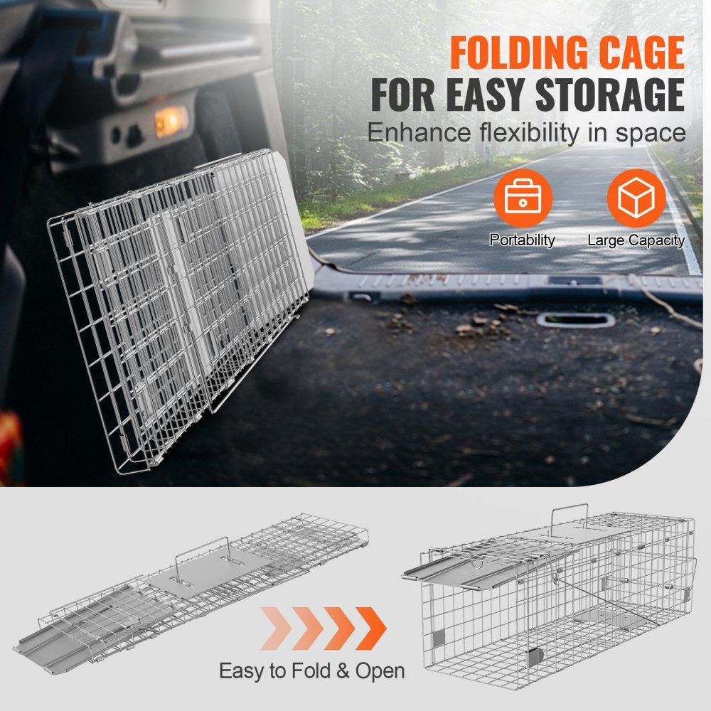 VEVOR Live Animal Cage Trap, 24" x 8" x 8" Humane Cat Trap Galvanized Iron, Folding Animal Trap with Handle for Rabbits, Stray Cats, Squirrels, Raccoons, Groundhogs and Opossums 