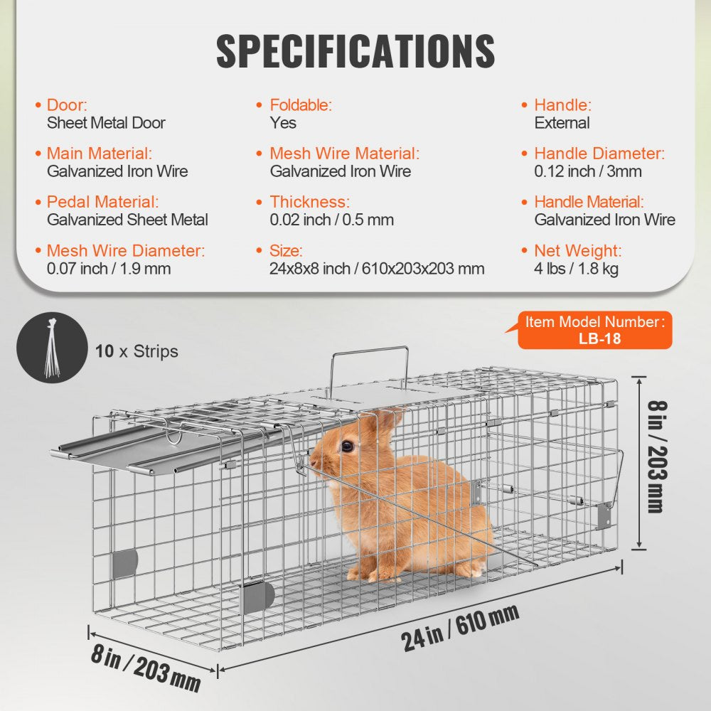 VEVOR Live Animal Cage Trap, 24" x 8" x 8" Humane Cat Trap Galvanized Iron, Folding Animal Trap with Handle for Rabbits, Stray Cats, Squirrels, Raccoons, Groundhogs and Opossums 