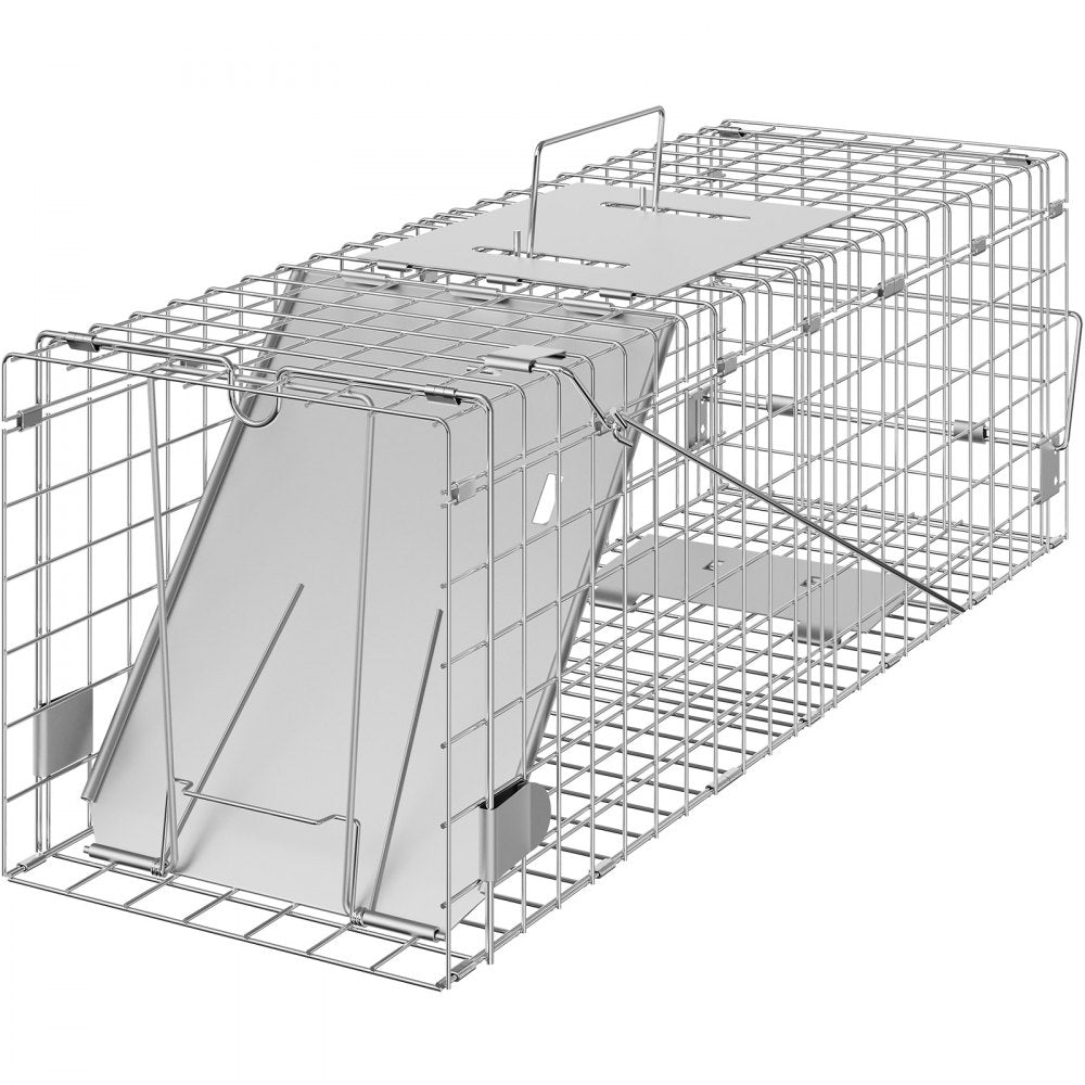 VEVOR Live Animal Cage Trap, 24" x 8" x 8" Humane Cat Trap Galvanized Iron, Folding Animal Trap with Handle for Rabbits, Stray Cats, Squirrels, Raccoons, Groundhogs and Opossums 