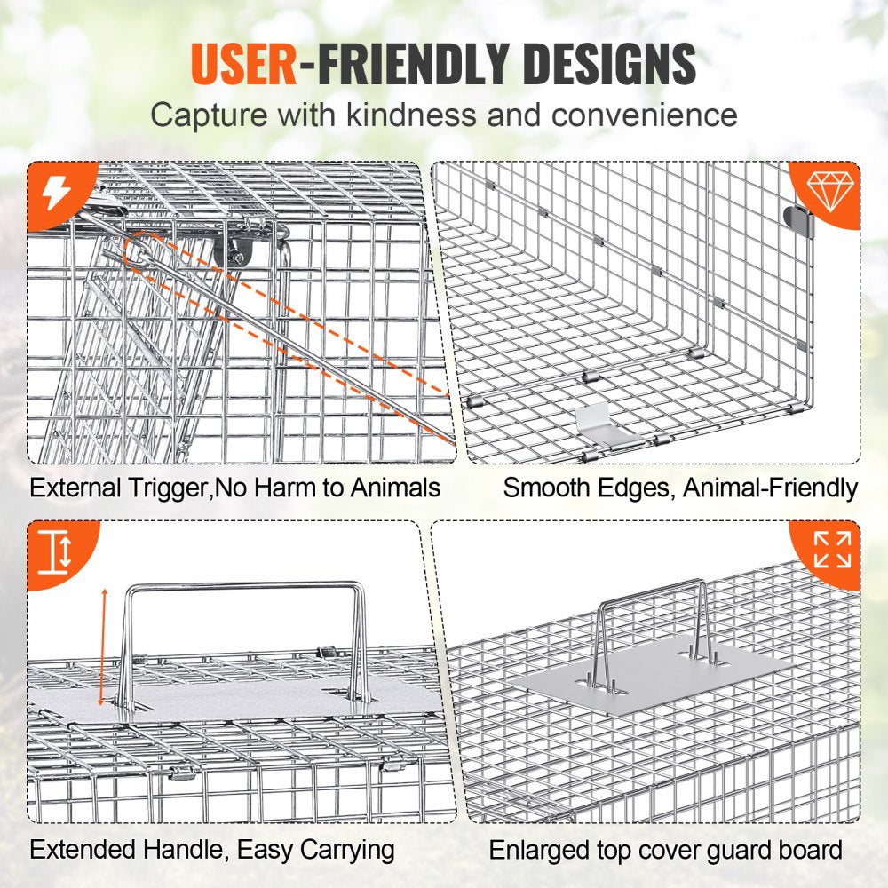 VEVOR Live Animal Cage Trap, 42" x 16" x 18" Humane Cat Trap Galvanized Iron, Folding Animal Trap with Handle for Stray Dogs, Armadillos, Raccoons, Marmots, Foxes 