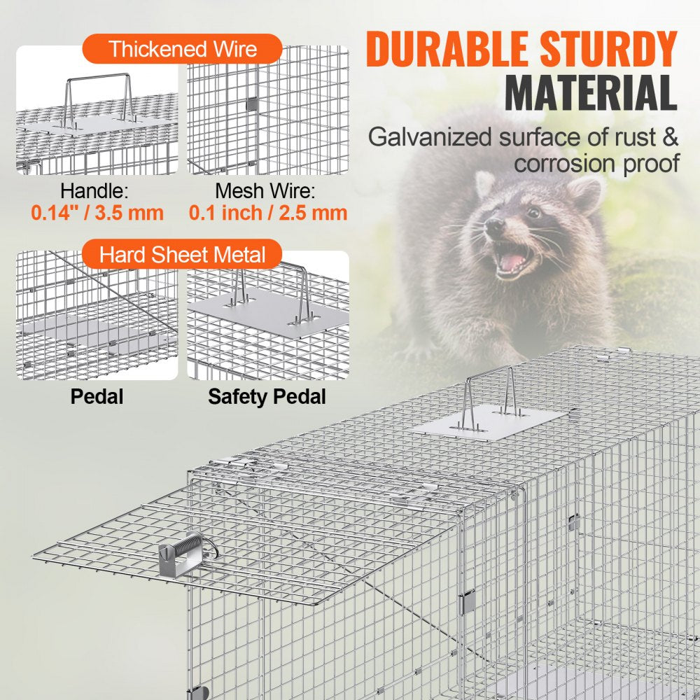 VEVOR Live Animal Cage Trap, 42" x 16" x 18" Humane Cat Trap Galvanized Iron, Folding Animal Trap with Handle for Stray Dogs, Armadillos, Raccoons, Marmots, Foxes 