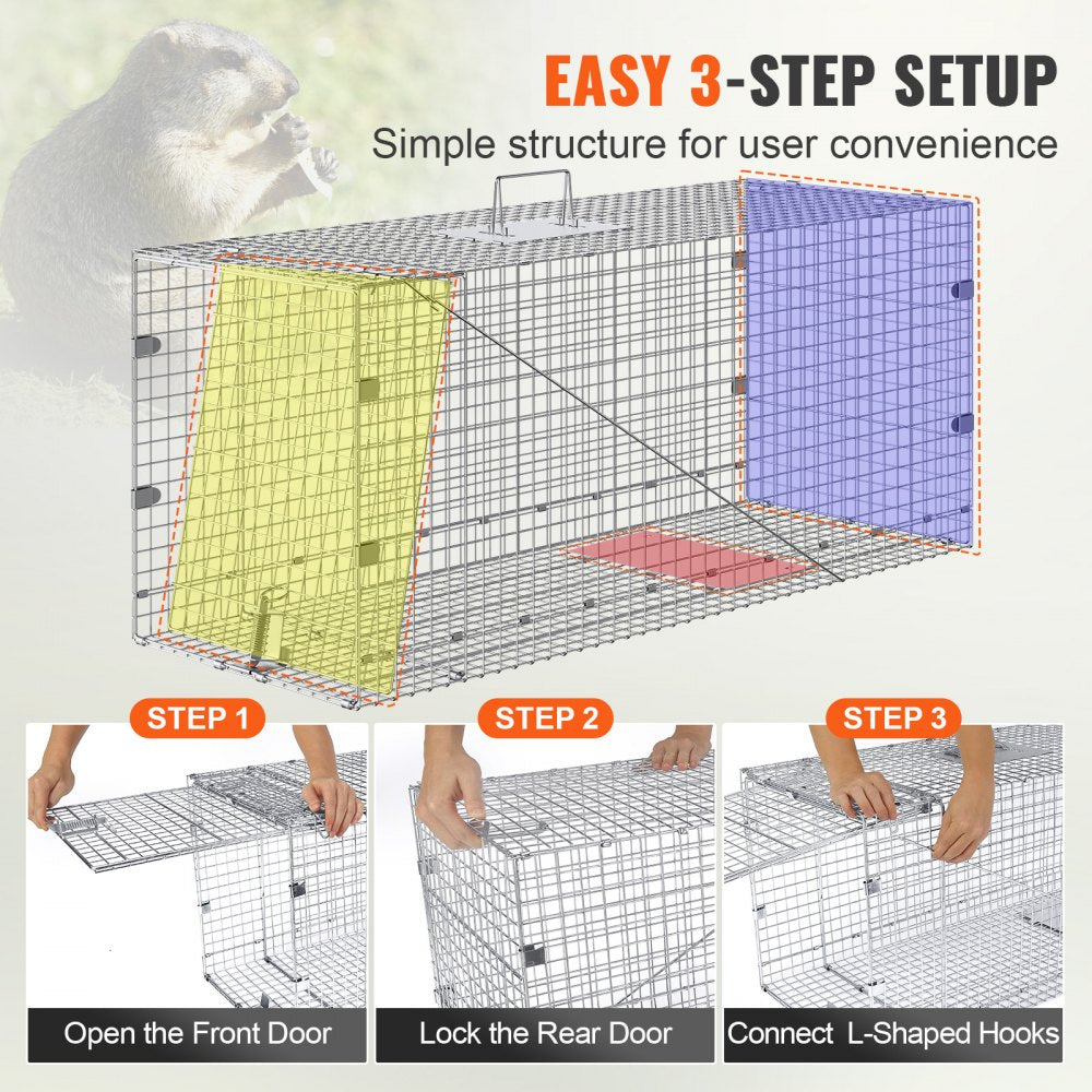 VEVOR Live Animal Cage Trap, 42" x 16" x 18" Humane Cat Trap Galvanized Iron, Folding Animal Trap with Handle for Stray Dogs, Armadillos, Raccoons, Marmots, Foxes 