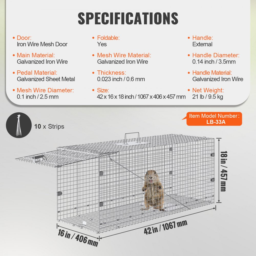 VEVOR Live Animal Cage Trap, 42" x 16" x 18" Humane Cat Trap Galvanized Iron, Folding Animal Trap with Handle for Stray Dogs, Armadillos, Raccoons, Marmots, Foxes 