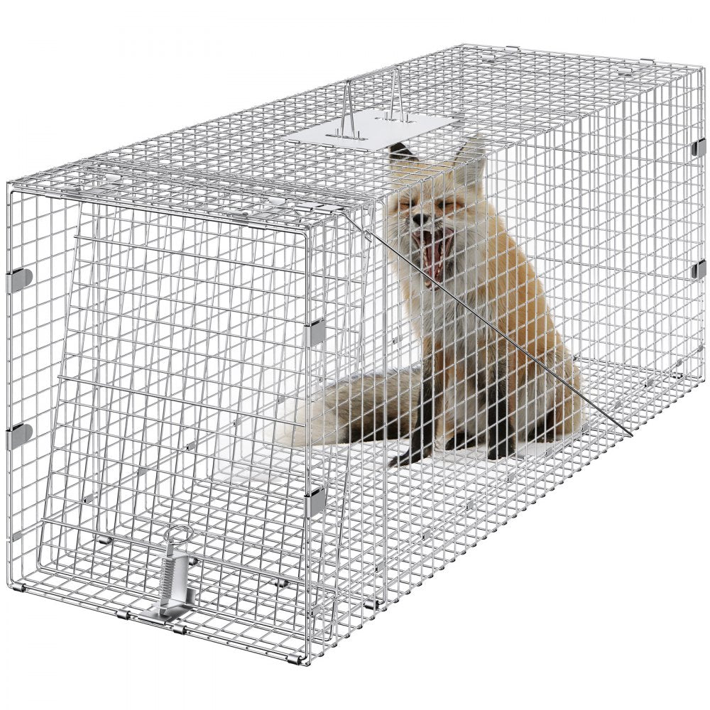 VEVOR Live Animal Cage Trap, 42" x 16" x 18" Humane Cat Trap Galvanized Iron, Folding Animal Trap with Handle for Stray Dogs, Armadillos, Raccoons, Marmots, Foxes 