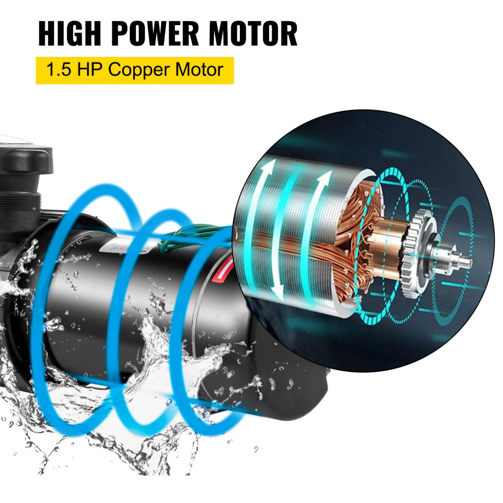VEVOR 1.5 HP Pool Pump, 1100 W Above Ground Swimming Pool Pump, 4980 GPH Pool Pump Motor witn Strainer Basket, for Clean Swimming Pool Water Salter Water - 1.5" NPT, 6.6 ft Cord 