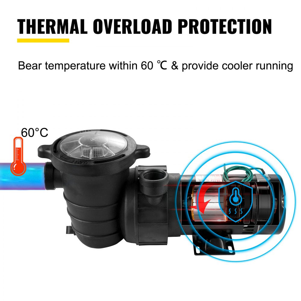 VEVOR 1.5 HP Pool Pump, 1100 W Above Ground Swimming Pool Pump, 4980 GPH Pool Pump Motor witn Strainer Basket, for Clean Swimming Pool Water Salter Water - 1.5" NPT, 6.6 ft Cord 