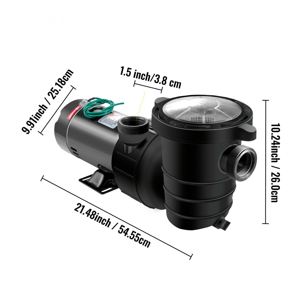 VEVOR 1.5 HP Pool Pump, 1100 W Above Ground Swimming Pool Pump, 4980 GPH Pool Pump Motor witn Strainer Basket, for Clean Swimming Pool Water Salter Water - 1.5" NPT, 6.6 ft Cord 