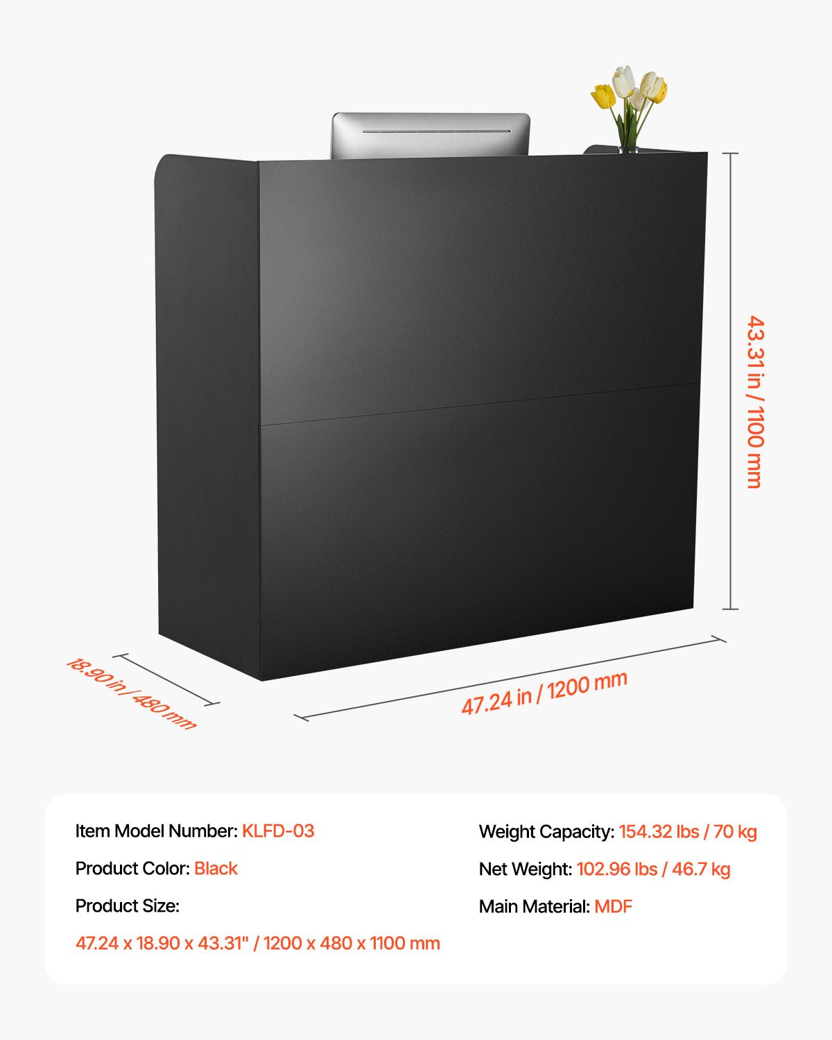 VEVOR Reception Desk Rectangular Front Counter Table 47.24 in Black Office Table 