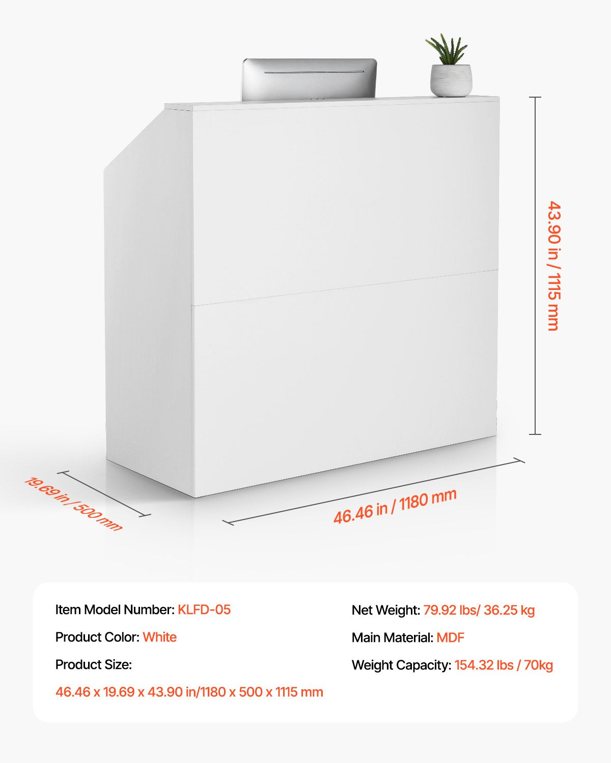 VEVOR Reception Desk Rectangular Front Counter Table 46.46 in White Office Table 
