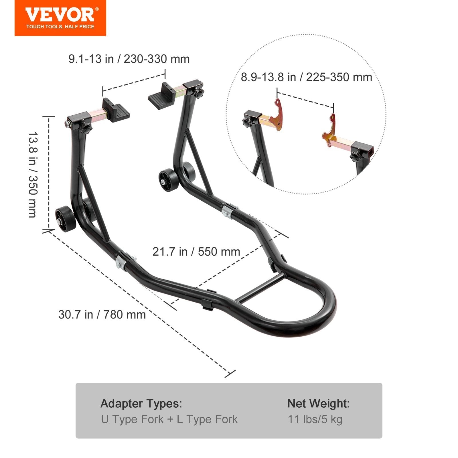 VEVOR Motorcycle Rear Wheel Stand, with U + L Fork Swingarm Spool, 850 lbs Capacity Heavy Duty Rear Wheel Stand Motorcycle Lift Jack Stand, for Suzuki Yamaha Honda Kawasaki, Black 