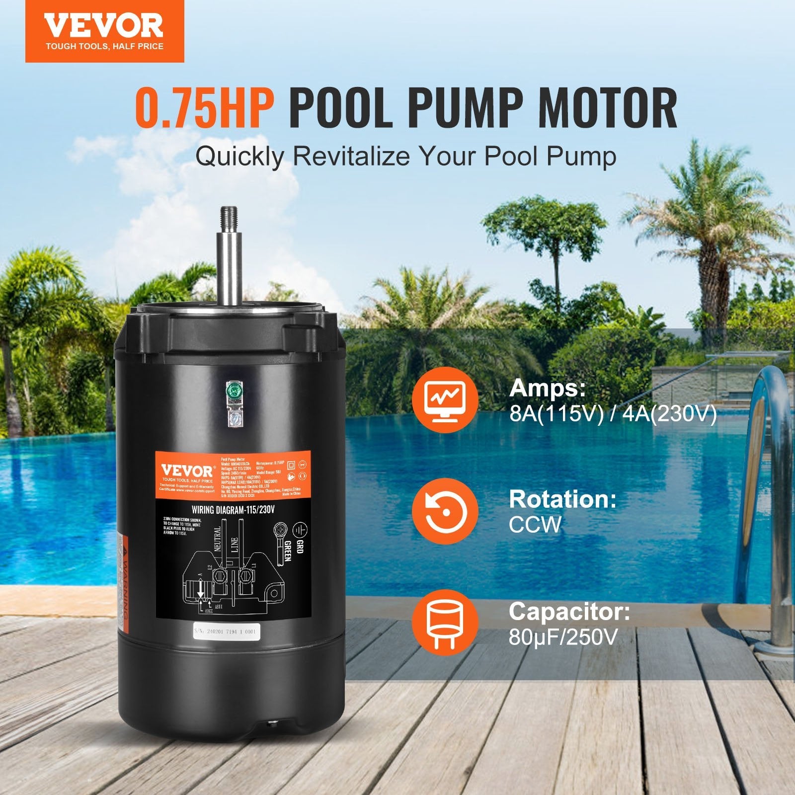 VEVOR 0.75 HP Pool Pump Motor, 56J Frame, 115V(8 Amps)/230V(4 Amps) 3450 RPM, 60Hz, 1.5 Service Factor, 80?F/250V Capacitor, CCW Rotation Round Flange Replacement Motor 
