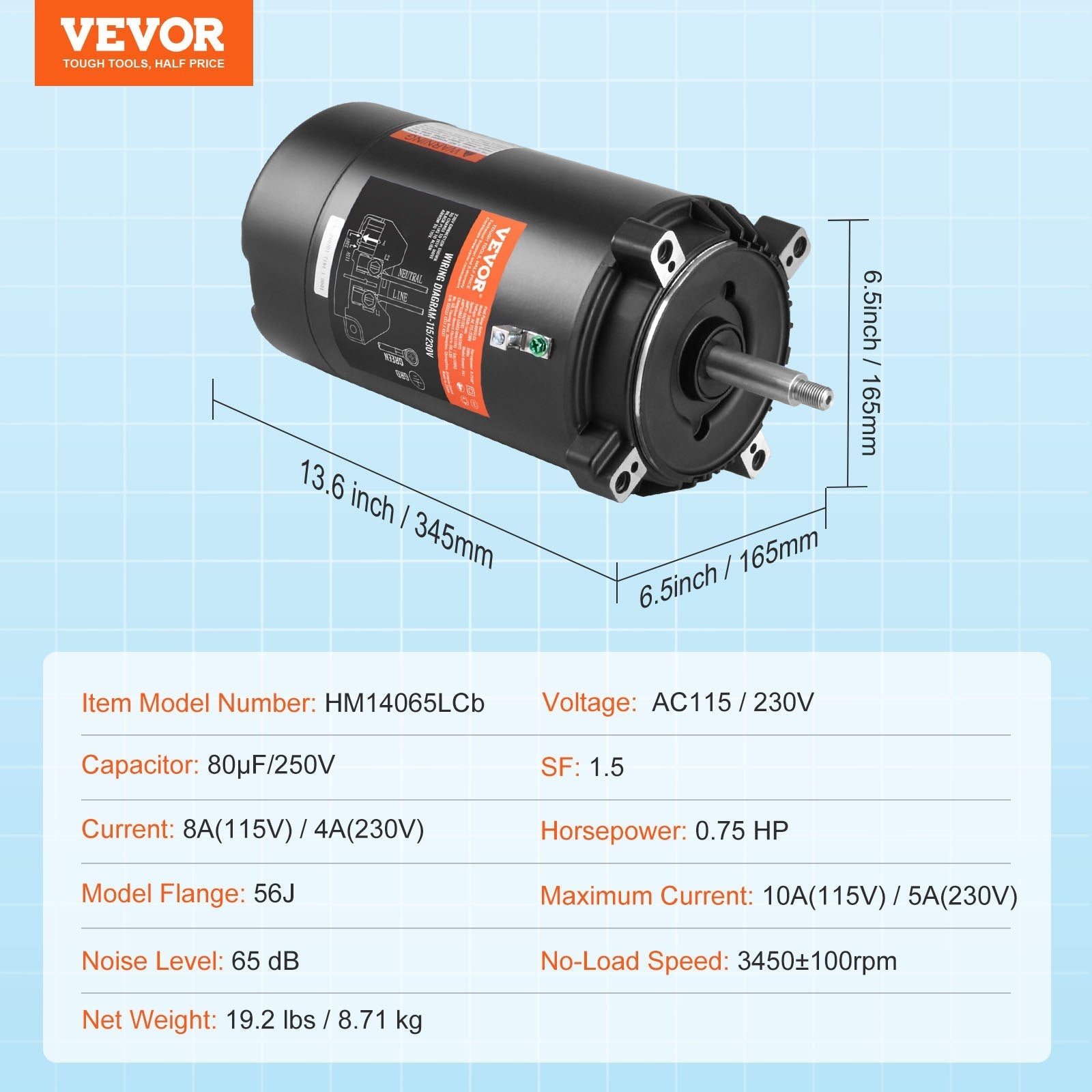 VEVOR 0.75 HP Pool Pump Motor, 56J Frame, 115V(8 Amps)/230V(4 Amps) 3450 RPM, 60Hz, 1.5 Service Factor, 80?F/250V Capacitor, CCW Rotation Round Flange Replacement Motor 