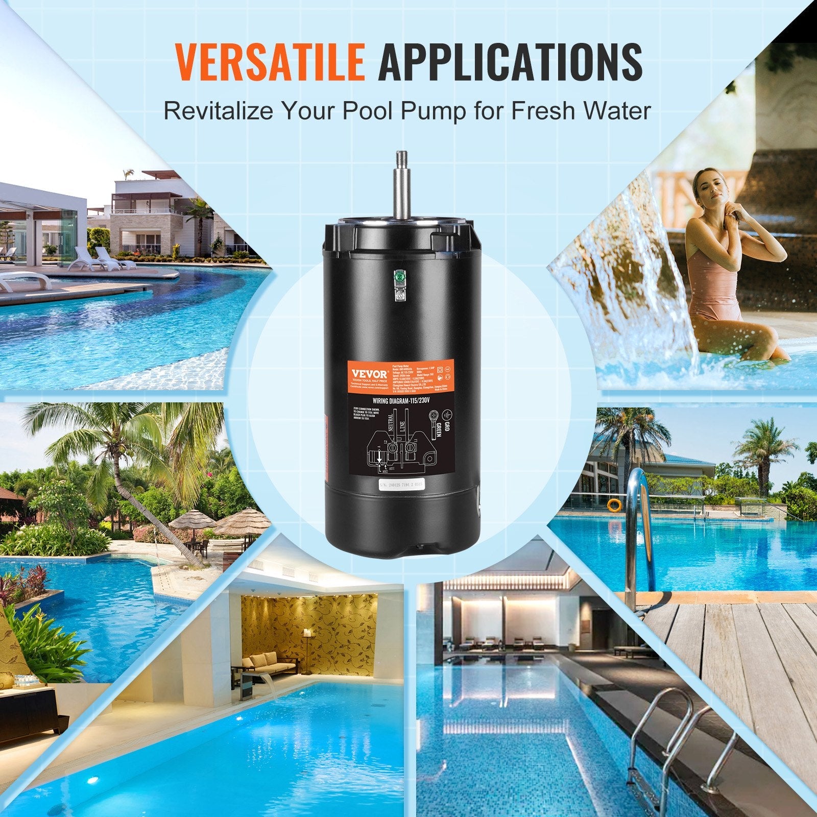 VEVOR 1.5 HP Pool Pump Motor, 56J Frame, 115V(13.6 Amps)/230V(6.8 Amps) 3450 RPM, 60Hz, 1.3 Service Factor, 90?F/250V Capacitor, CCW Rotation Round Flange Replacement Motor 