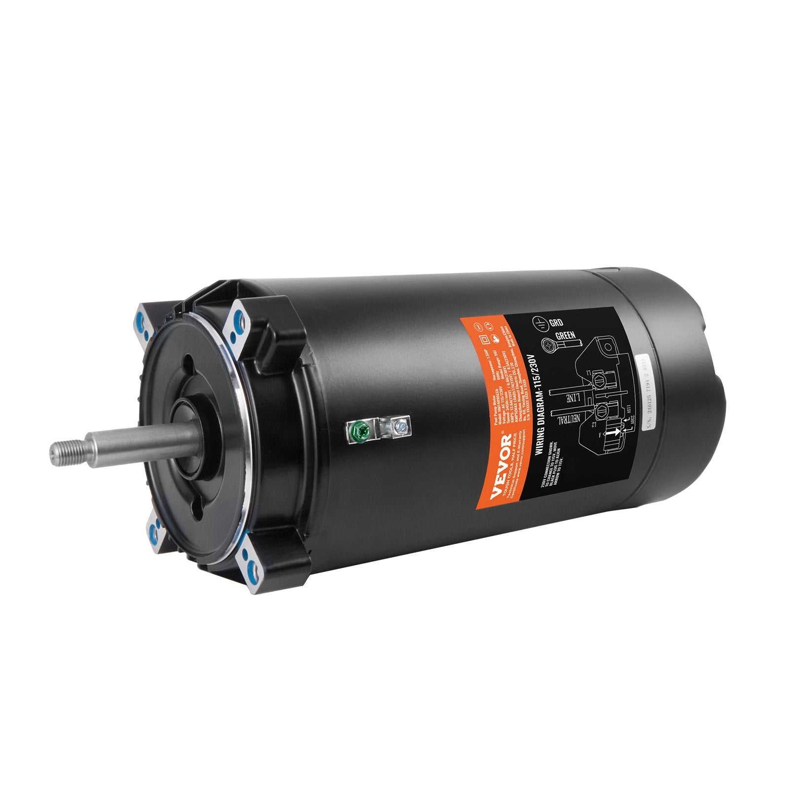 VEVOR 1.5 HP Pool Pump Motor, 56J Frame, 115V(13.6 Amps)/230V(6.8 Amps) 3450 RPM, 60Hz, 1.3 Service Factor, 90?F/250V Capacitor, CCW Rotation Round Flange Replacement Motor 