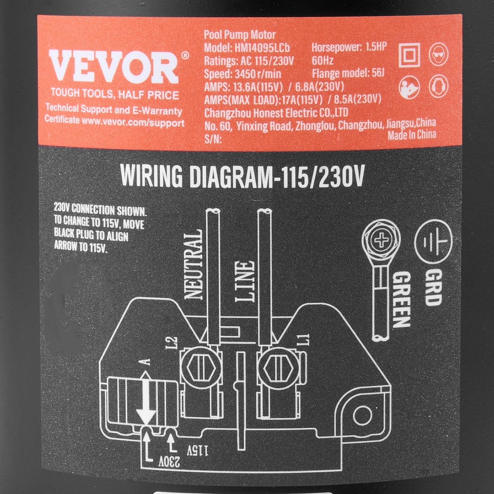 VEVOR 1.5 HP Pool Pump Motor, 56J Frame, 115V(13.6 Amps)/230V(6.8 Amps) 3450 RPM, 60Hz, 1.3 Service Factor, 90?F/250V Capacitor, CCW Rotation Round Flange Replacement Motor 