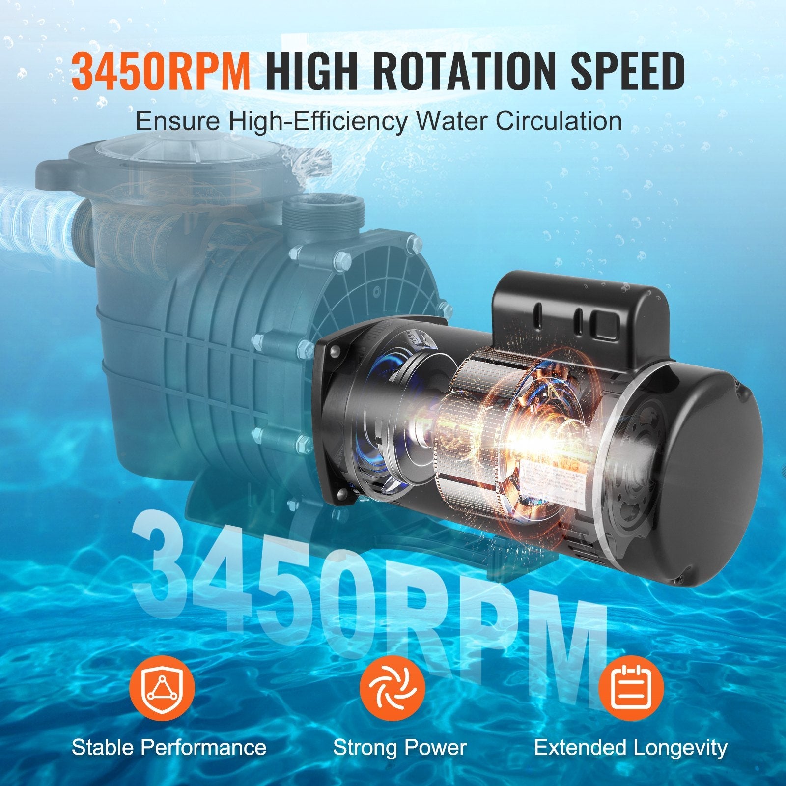 VEVOR 1.5 HP Pool Pump Motor, 56Y Frame, 115V((12.8 Amps))/230V(6.4 Amps) 3450 RPM, 60Hz, 1.1 Service Factor, 90?F/250V Capacitor, CCW Rotation Square Flange Replacement Motor 