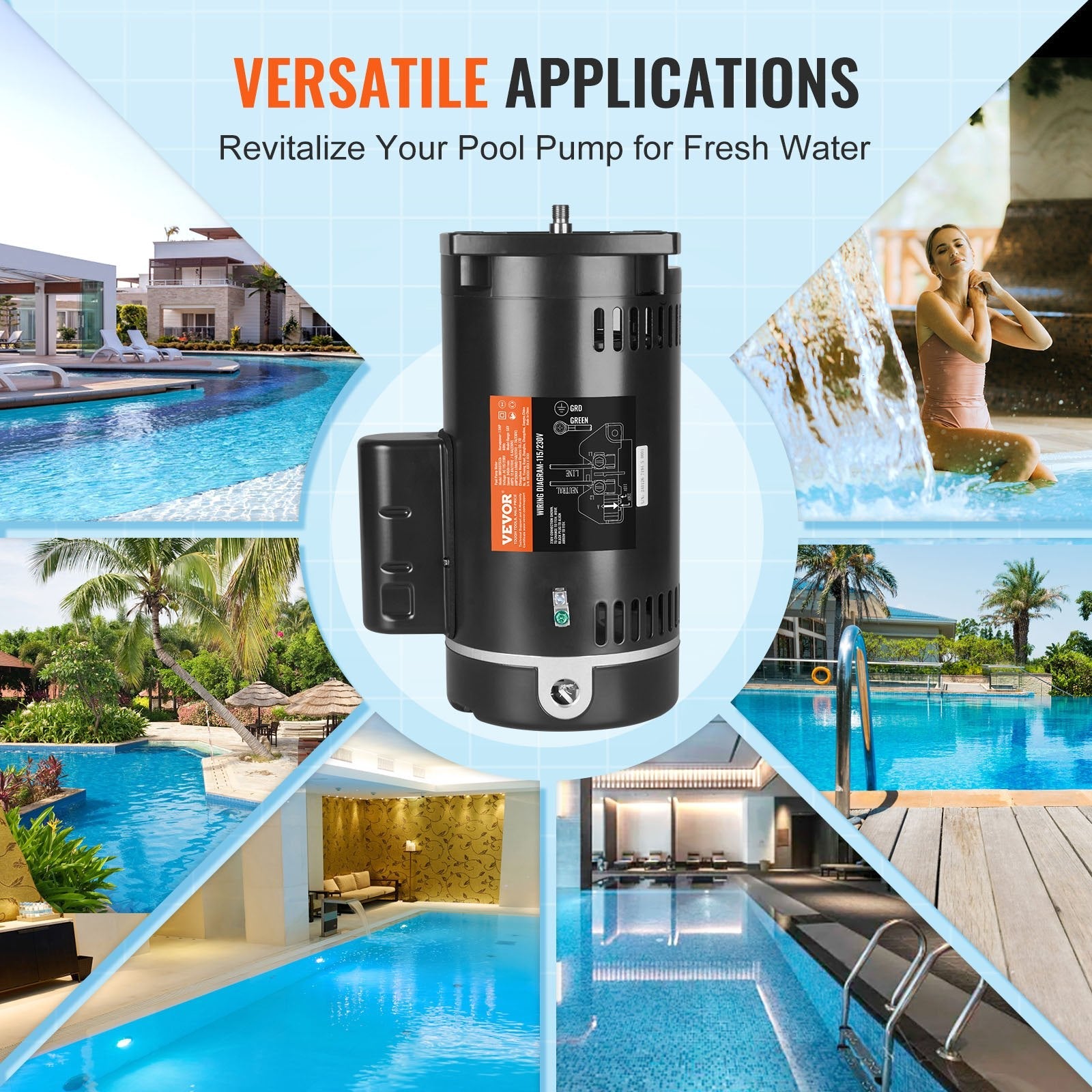 VEVOR 1.5 HP Pool Pump Motor, 56Y Frame, 115V((12.8 Amps))/230V(6.4 Amps) 3450 RPM, 60Hz, 1.1 Service Factor, 90?F/250V Capacitor, CCW Rotation Square Flange Replacement Motor 