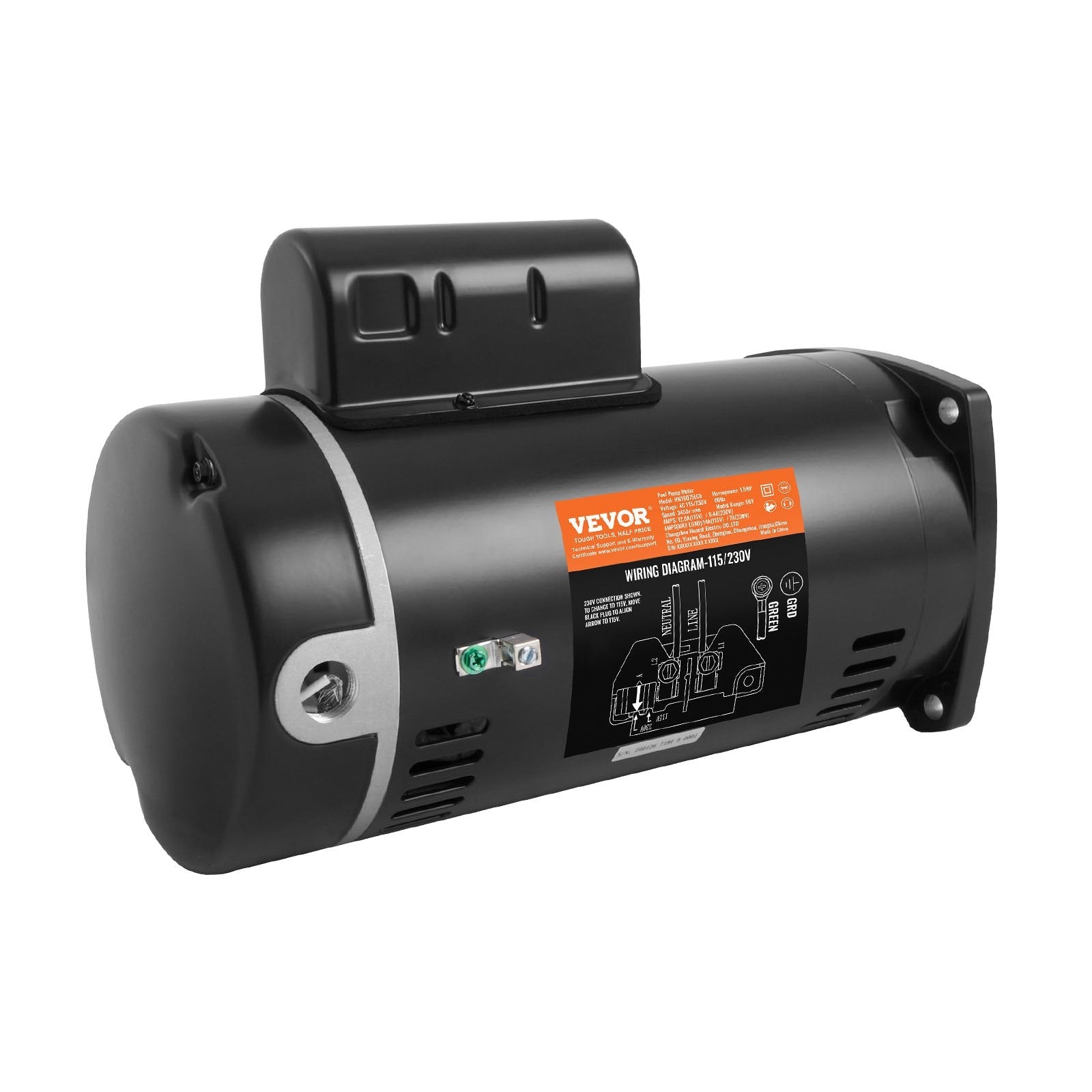 VEVOR 1.5 HP Pool Pump Motor, 56Y Frame, 115V((12.8 Amps))/230V(6.4 Amps) 3450 RPM, 60Hz, 1.1 Service Factor, 90?F/250V Capacitor, CCW Rotation Square Flange Replacement Motor 