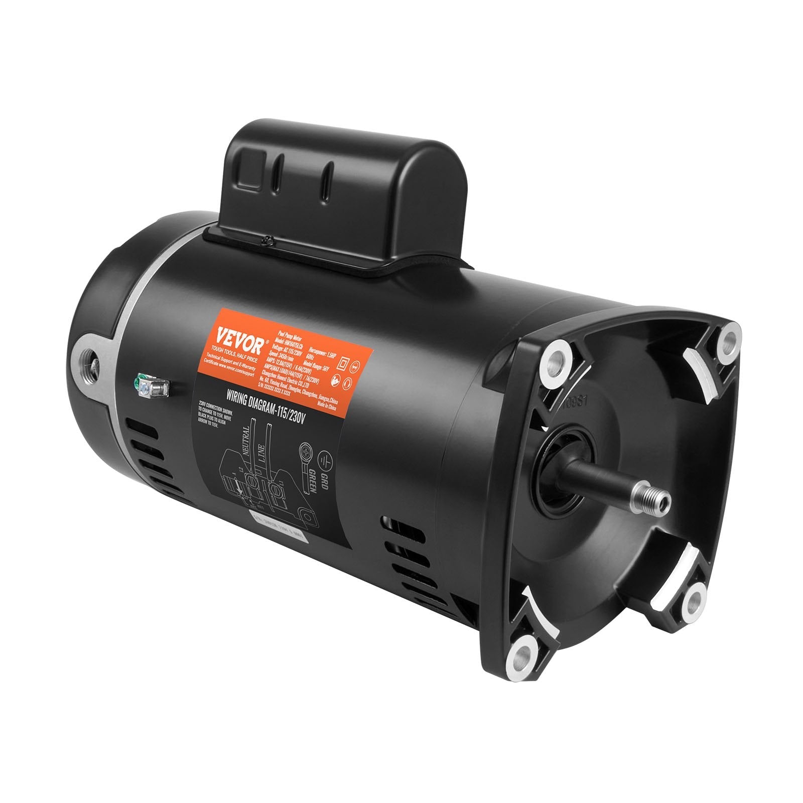 VEVOR 1.5 HP Pool Pump Motor, 56Y Frame, 115V((12.8 Amps))/230V(6.4 Amps) 3450 RPM, 60Hz, 1.1 Service Factor, 90?F/250V Capacitor, CCW Rotation Square Flange Replacement Motor 