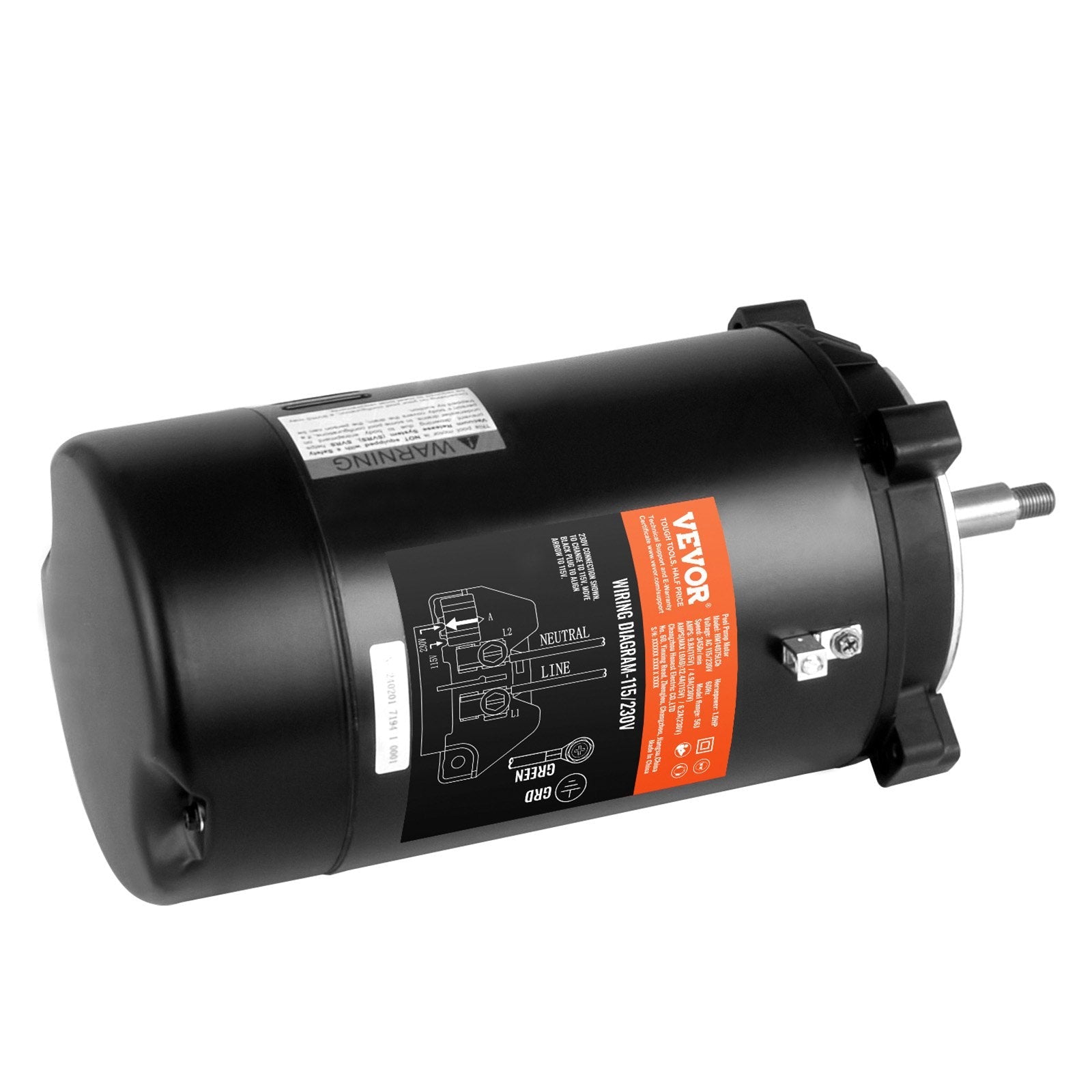VEVOR 1 HP Pool Pump Motor, 56J Frame, 115V(9.8 Amps)/230V(4.9 Amps) 3450 RPM, 60Hz, 1.4 Service Factor, 90?F/250V Capacitor, CCW Rotation Round Flange Replacement Motor 