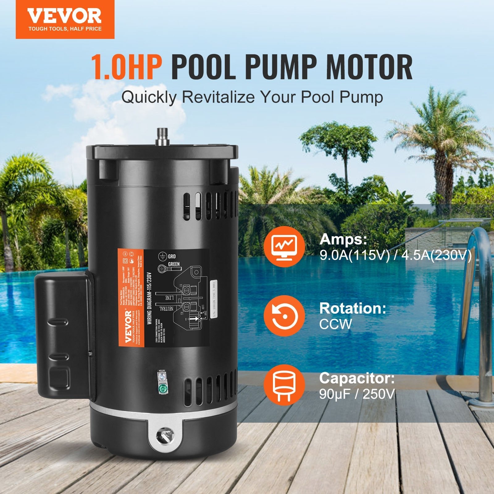 VEVOR 1 HP Pool Pump Motor, 56Y Frame, 115V(9 Amps)/230V(4.5 Amps) 3450RPM, 60Hz, 1.25 Service Factor, 90?F/250V Capacitor, CCW Rotation Square Flange Replacement Motor 
