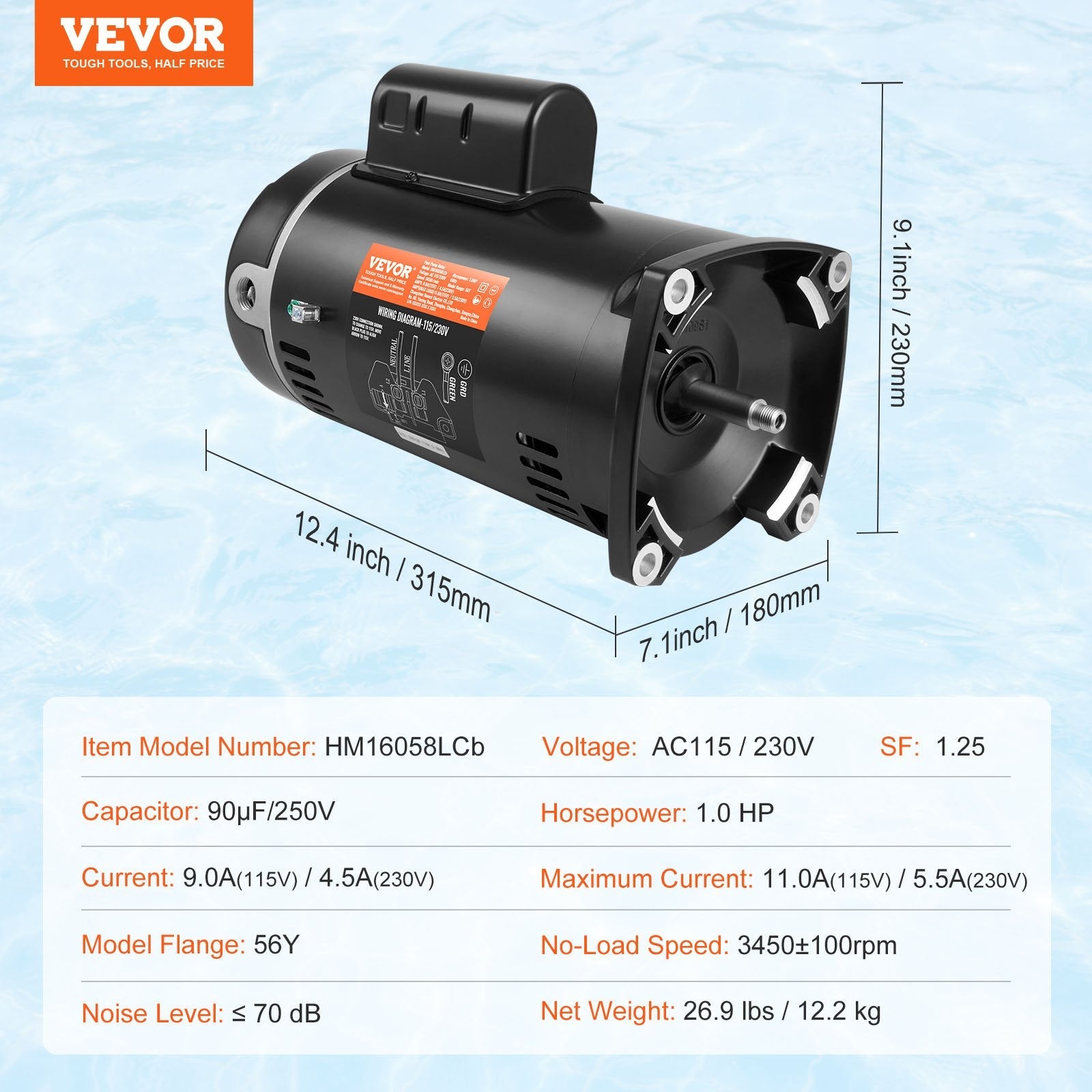 VEVOR 1 HP Pool Pump Motor, 56Y Frame, 115V(9 Amps)/230V(4.5 Amps) 3450RPM, 60Hz, 1.25 Service Factor, 90?F/250V Capacitor, CCW Rotation Square Flange Replacement Motor 