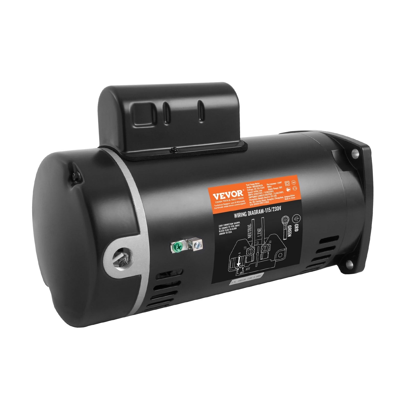VEVOR 1 HP Pool Pump Motor, 56Y Frame, 115V(9 Amps)/230V(4.5 Amps) 3450RPM, 60Hz, 1.25 Service Factor, 90?F/250V Capacitor, CCW Rotation Square Flange Replacement Motor 